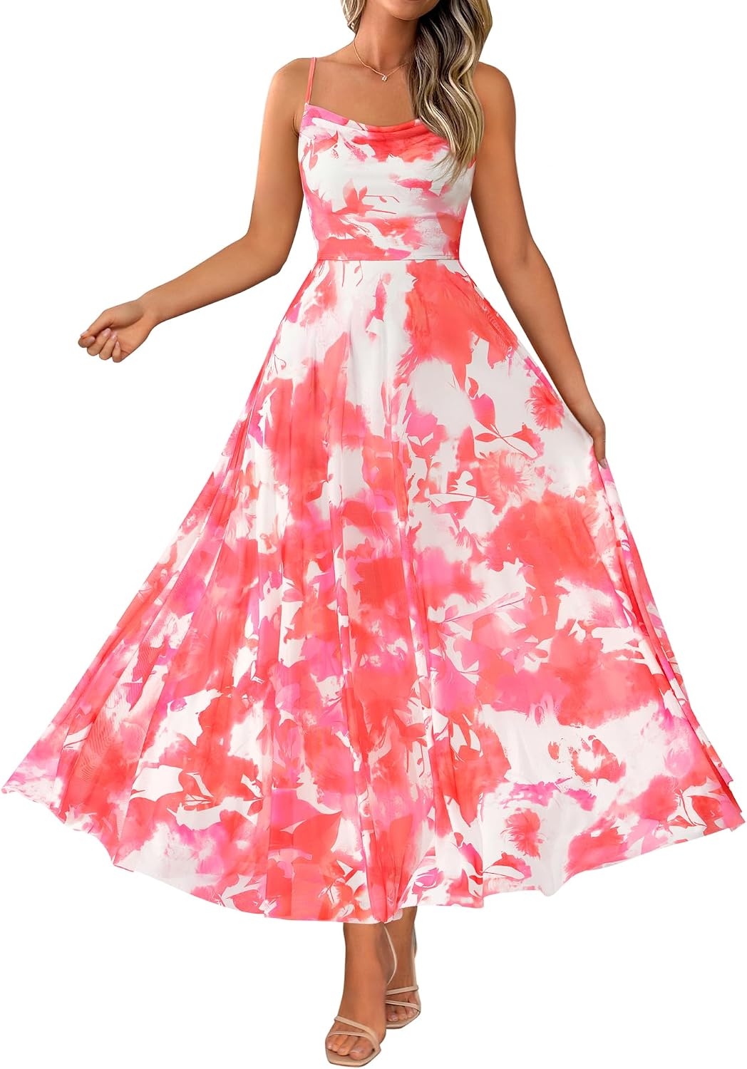 BTFBM Women Summer Maxi Dresses Elegant Wedding Guest Dress | Cowl Neck,Spaghetti Strap,Mesh,Floral,A-Line,Flowy,Party,Cocktail,Homecoming,Graduation,Sundress,Prom,Beach Long Dresses