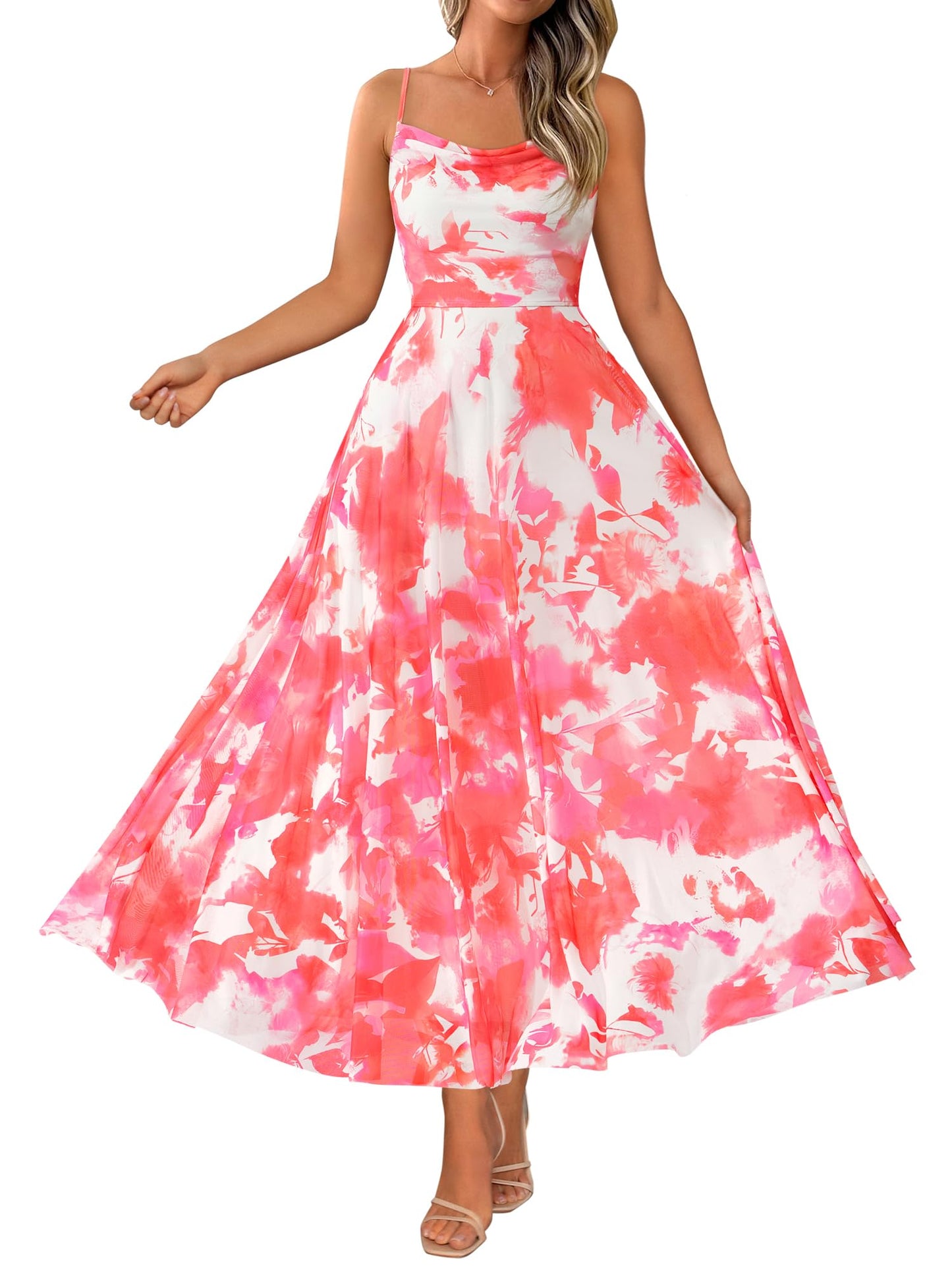 BTFBM Women Summer Maxi Dresses Elegant Wedding Guest Dress | Cowl Neck,Spaghetti Strap,Mesh,Floral,A-Line,Flowy,Party,Cocktail,Homecoming,Graduation,Sundress,Prom,Beach Long Dresses