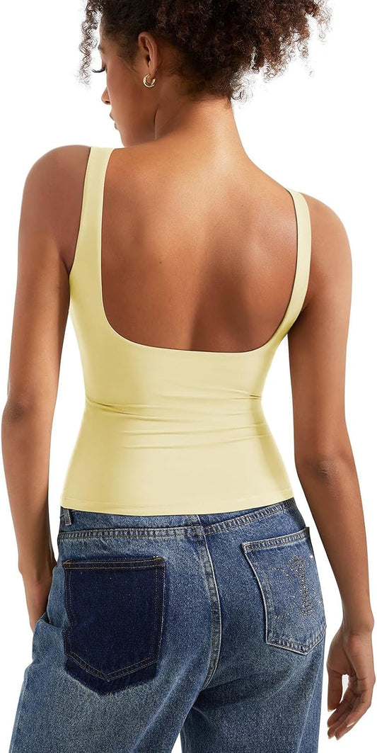 SUUKSESS Women Padded Open Back Boat Neck Tank Top Double Lined Basic Shirt | Backless Sleeveless Built in Bra Tops Slim Fitted Summer Going Out Top
