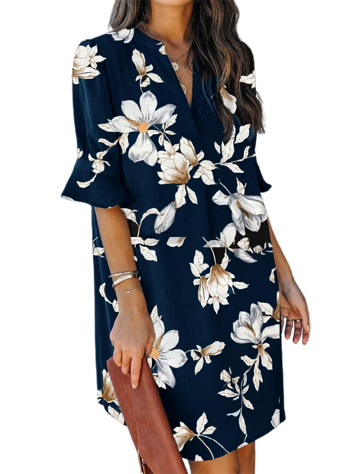 QACOHU Womens Summer Casual V Neck Shift Mini Dress | Flowy Swing Basic Dress, Ruffle Short Sleeve, Floral Boho Style, Wedding Guest Daily Work Clothes, Beach Vacation Outfits