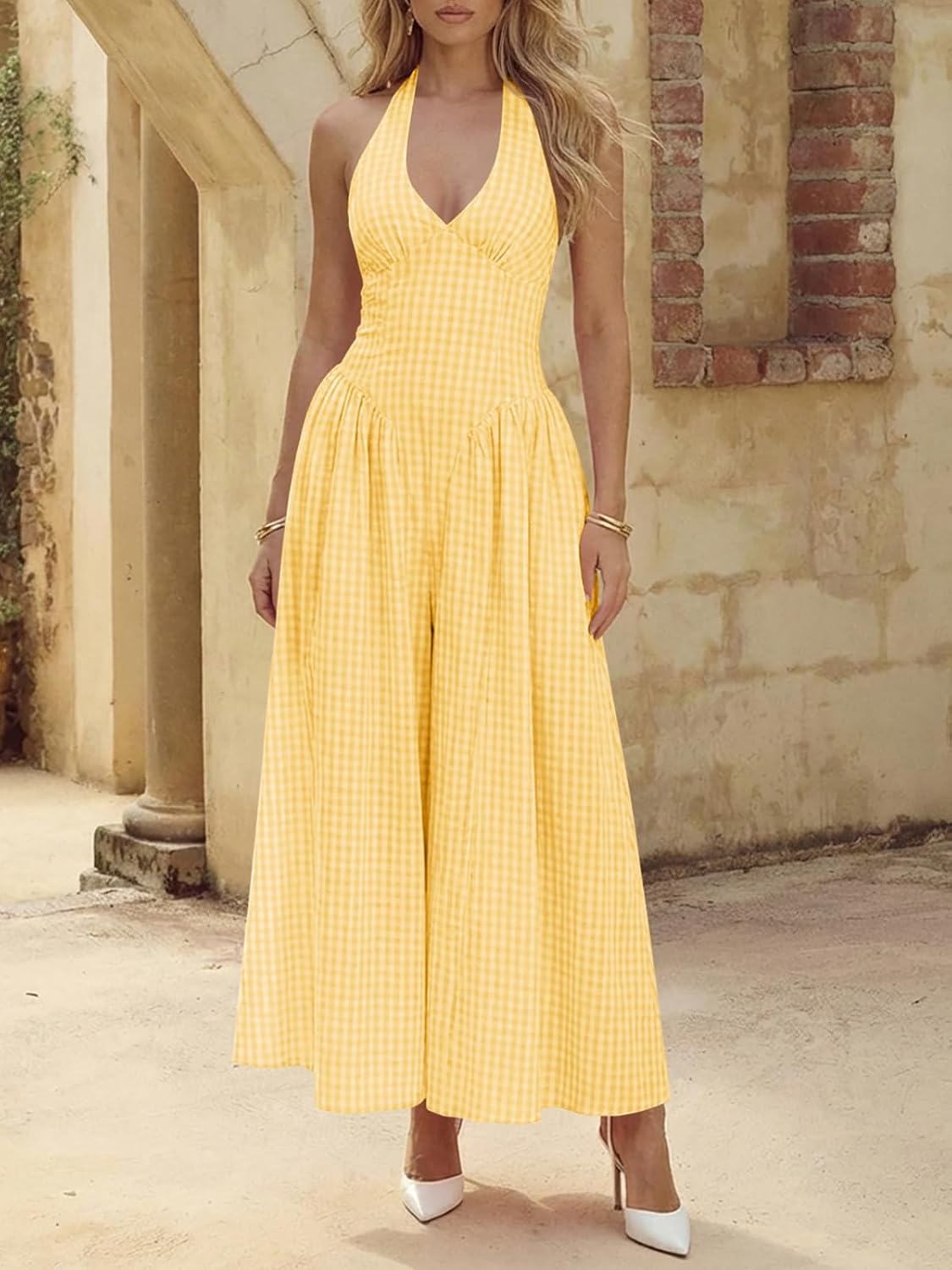 Wenrine Womens Halter V Neck Corset Maxi Dresses Summer Plaid Smocked Dress | Tie Back, Backless, Wedding Guest, Drop Waist, Sleeveless, Gingham, Pleated, Long dress with Pockets