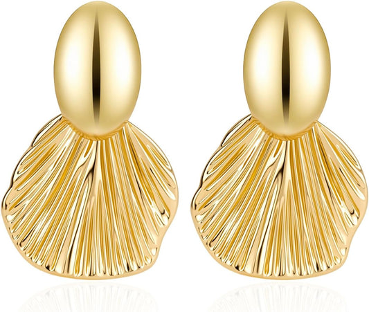 Chunky Gold Earrings for Women 14K Gold Plated Statement Shell Dangle Earrings