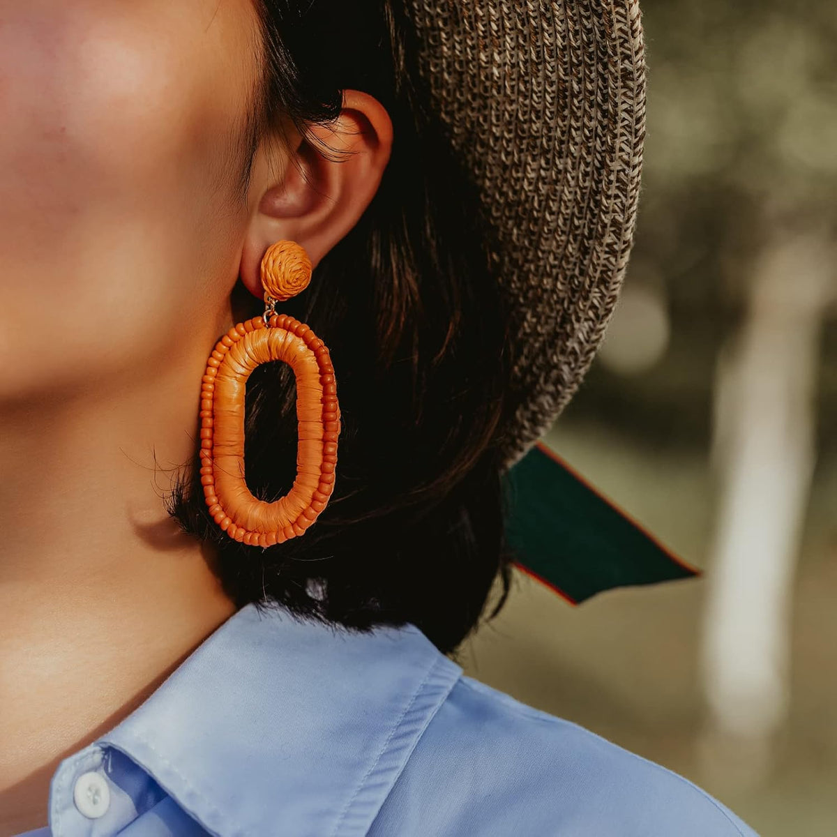 Boho Beaded Raffia Drop Earrings Statement Fun Square Dangle Summer Jewelry | Handmade Colorful Bead Chunky Accessories Big Geometric Dangling Vacation Tropical Bohemian Hawaiian Outfits for Women