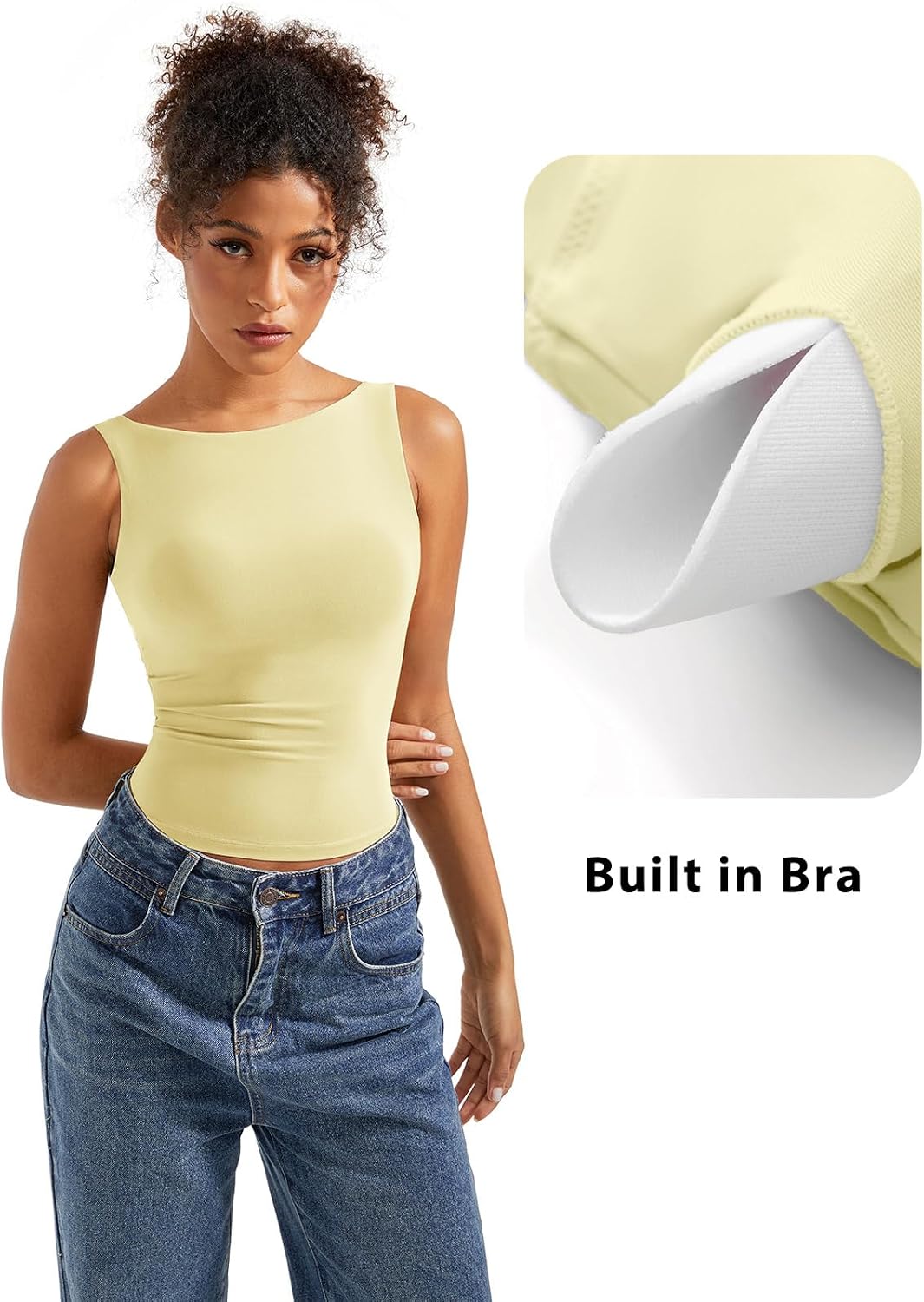 SUUKSESS Women Padded Open Back Boat Neck Tank Top Double Lined Basic Shirt | Backless Sleeveless Built in Bra Tops Slim Fitted Summer Going Out Top