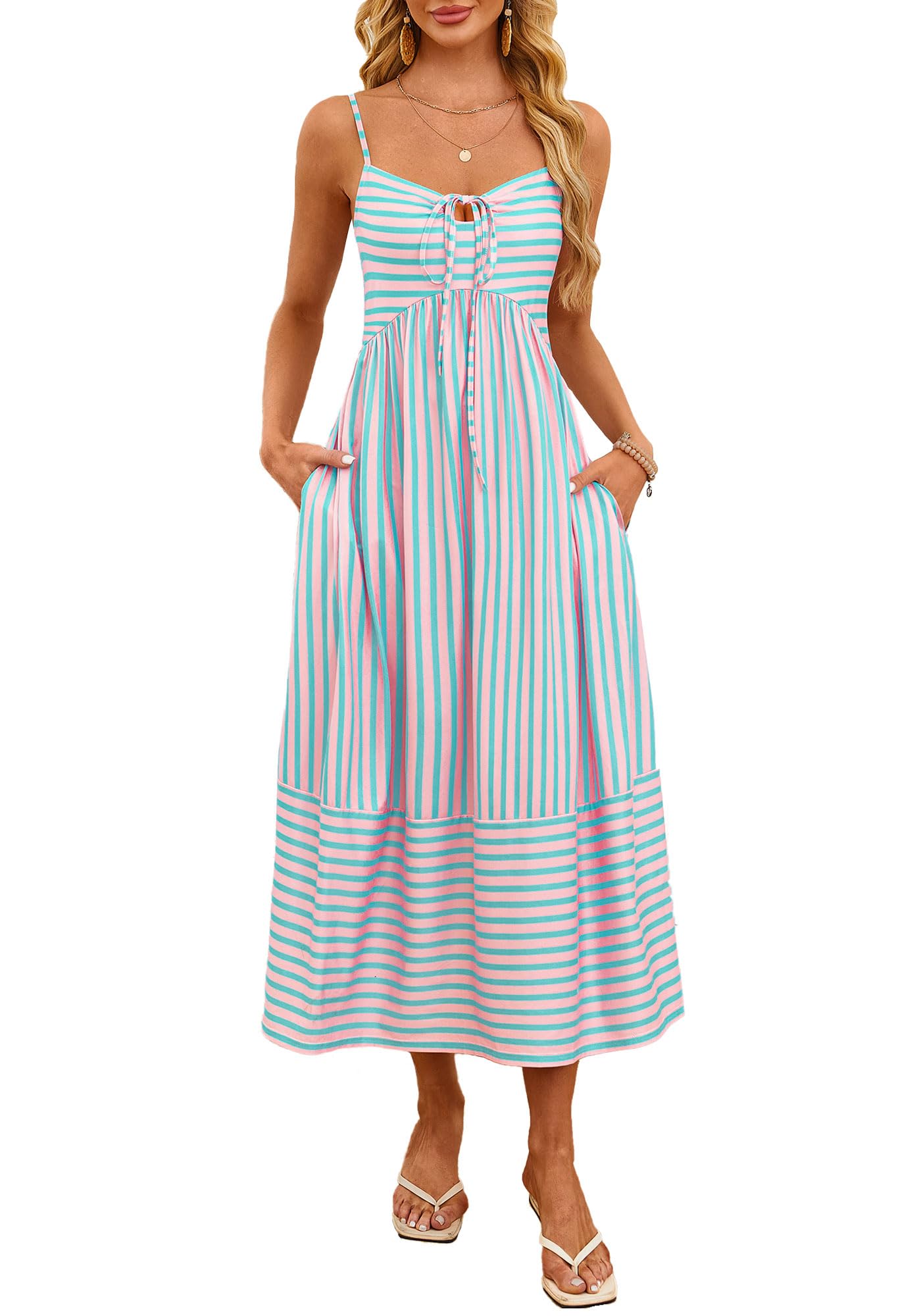 Fashionme 2026 Women Summer Boho Maxi Dresses Vacation Beach with Pockets | Striped,Sleeveless Back Shirred Beach Long Sundresses, A Line Spaghetti Strap,Back Tie V Neck,Trendy,Soft Knit Dress, S-XL