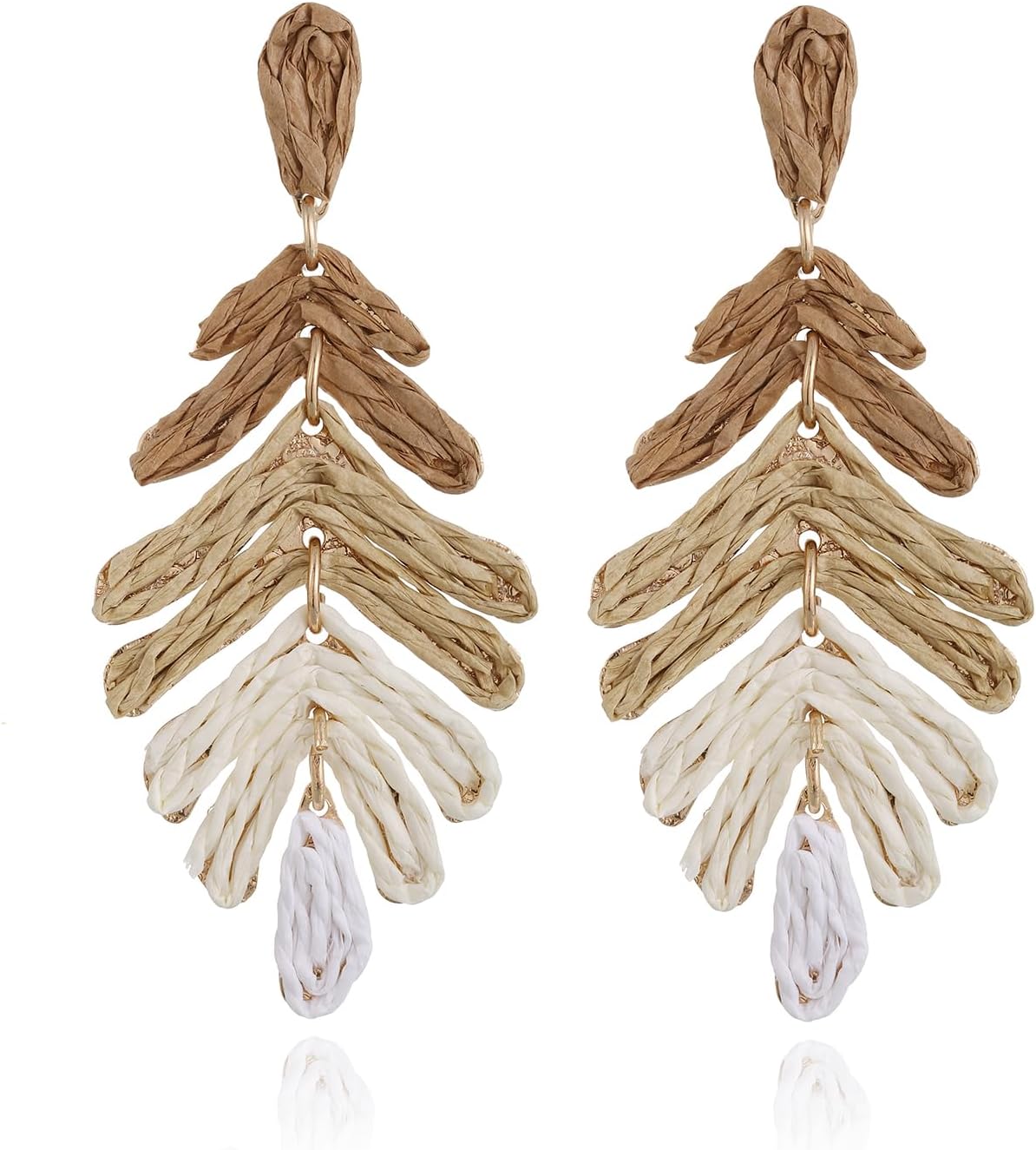 RUOFFETA Raffia Long Palm Leaf Earrings, Colorful Handmade Rattan Leaf Drop Dangle Earrings Summer Tropical Beach Jewelry