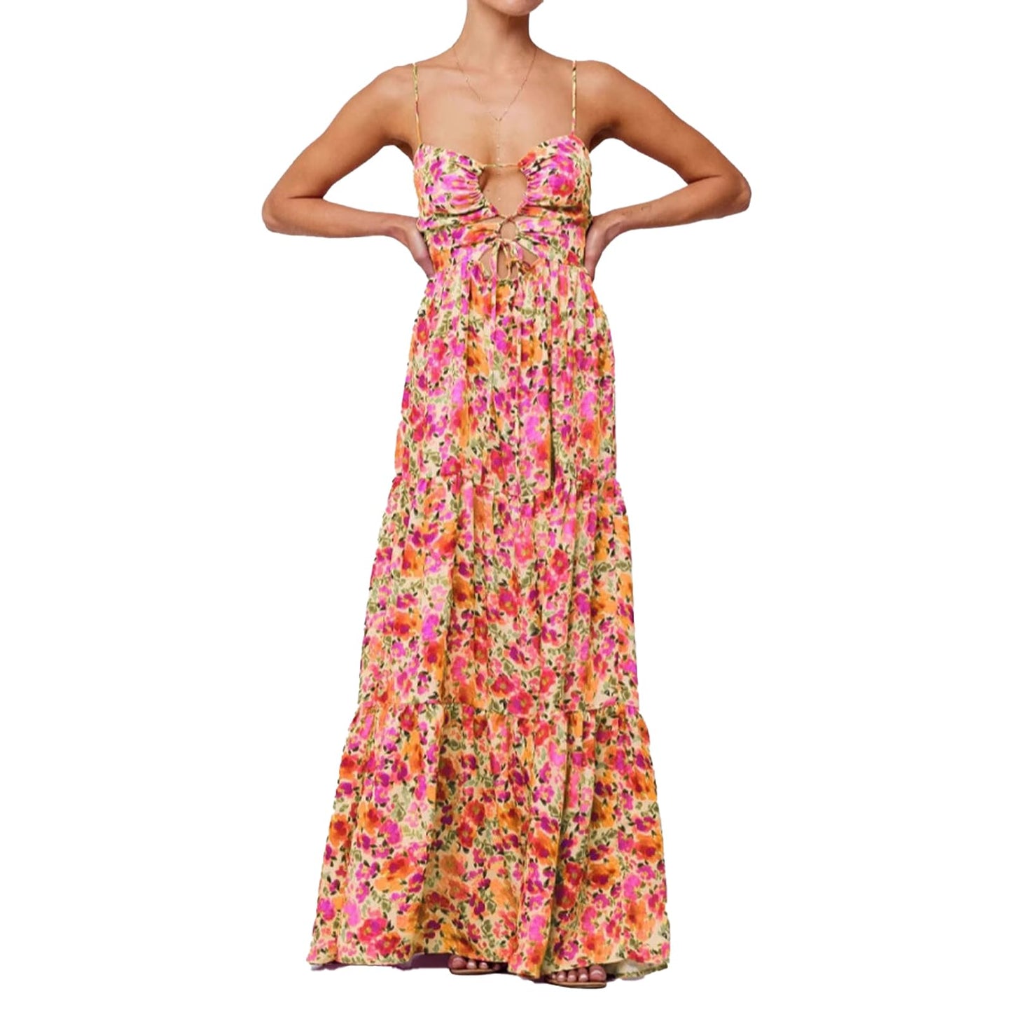 ABYOVRT Women Floral Maxi Dress Tie Front Cut Out Backless Boho Spaghetti Strap Summer Beach Sundress