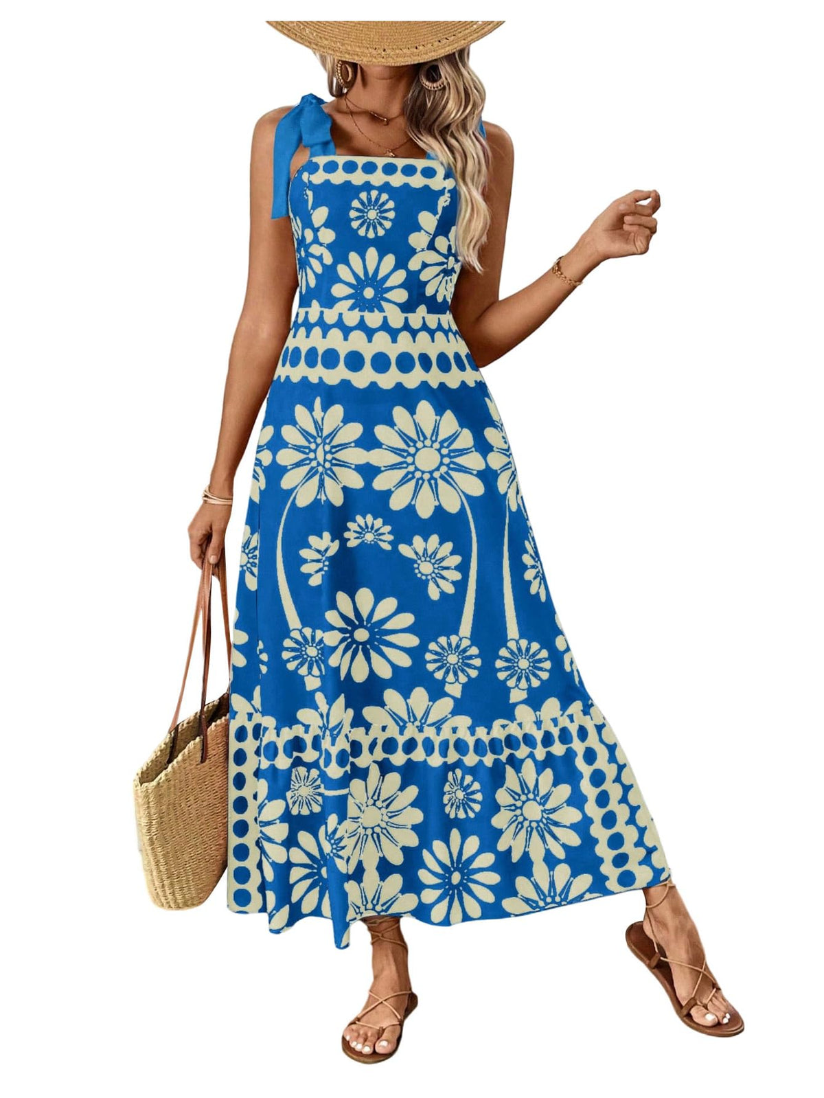 Floerns Women's Vintage Sleeveless Tie Shoulder Sundress Floral Print Cami Maxi Dress