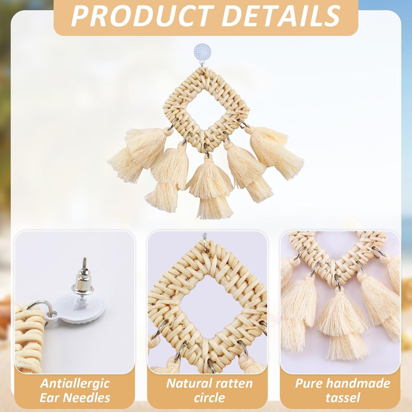 4 Pairs Rattan Tassel Earrings,Rattan For Women Beach Vacation Essentials | Boho Statement Lightweight Geometric Statement Hoop Earrings Set,For Daily Wearing,Date,Prom