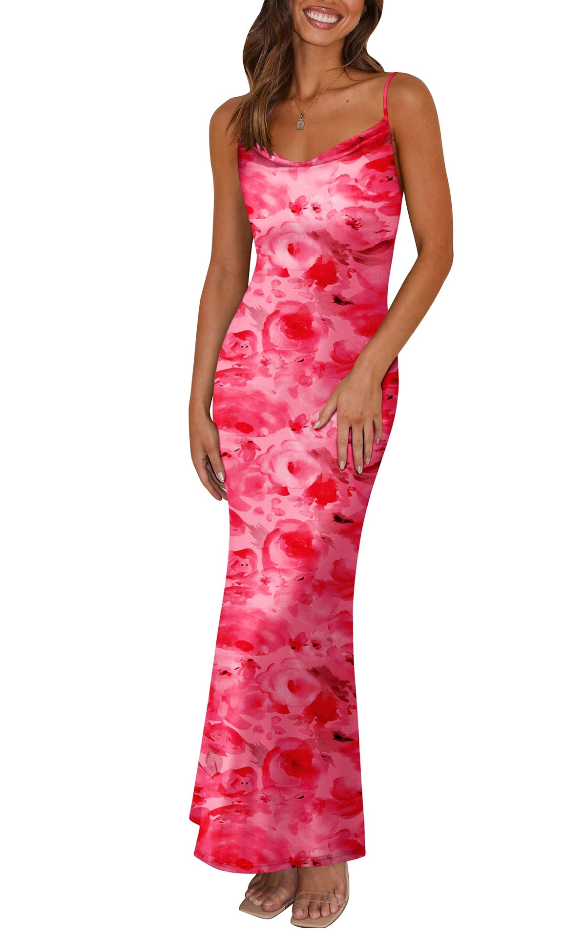 PRETTYGARDEN Women's 2026 Summer Floral Spaghetti Strap Maxi Dress Stretch Sexy Bodycon Dress Backless Slip Long Dresses