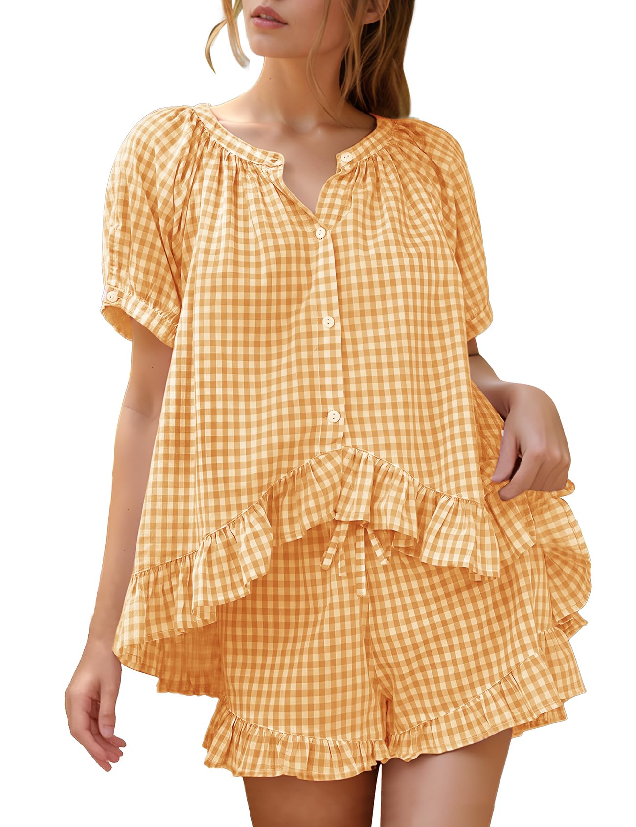 Flygo Cotton Pajamas for Women Gingham Set Lounge Sets | 100% Cotton, Plaid, Babydoll Top, Relaxed Fit, Puff Sleeve, Shorts, Pockets, Summer, Sleepwear, Vacation, Wedding, Parties