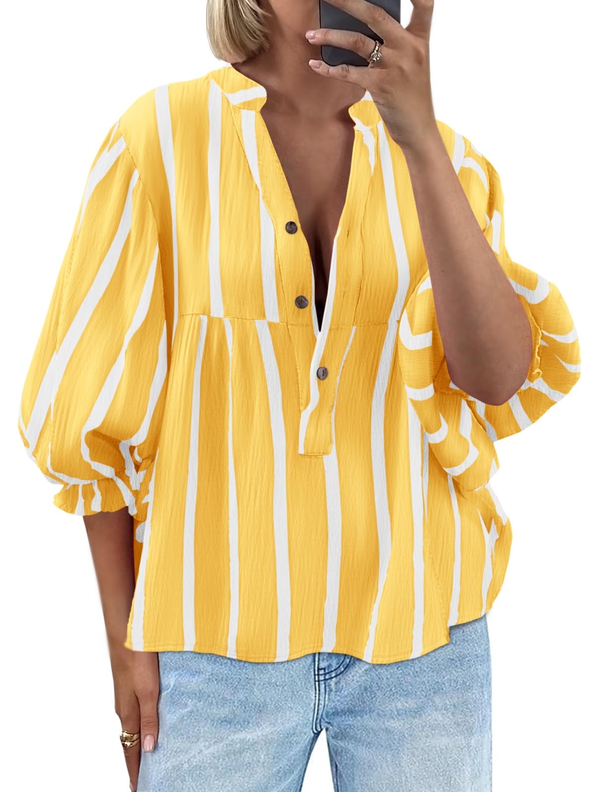 Tankaneo Womens Puff Sleeve Summer Babydoll Tops Cute V Neck Striped Blouse | Casual, Loose Fit, Flowy Shirts, Button, Boho, Work, Dressy, Peplum Blouses