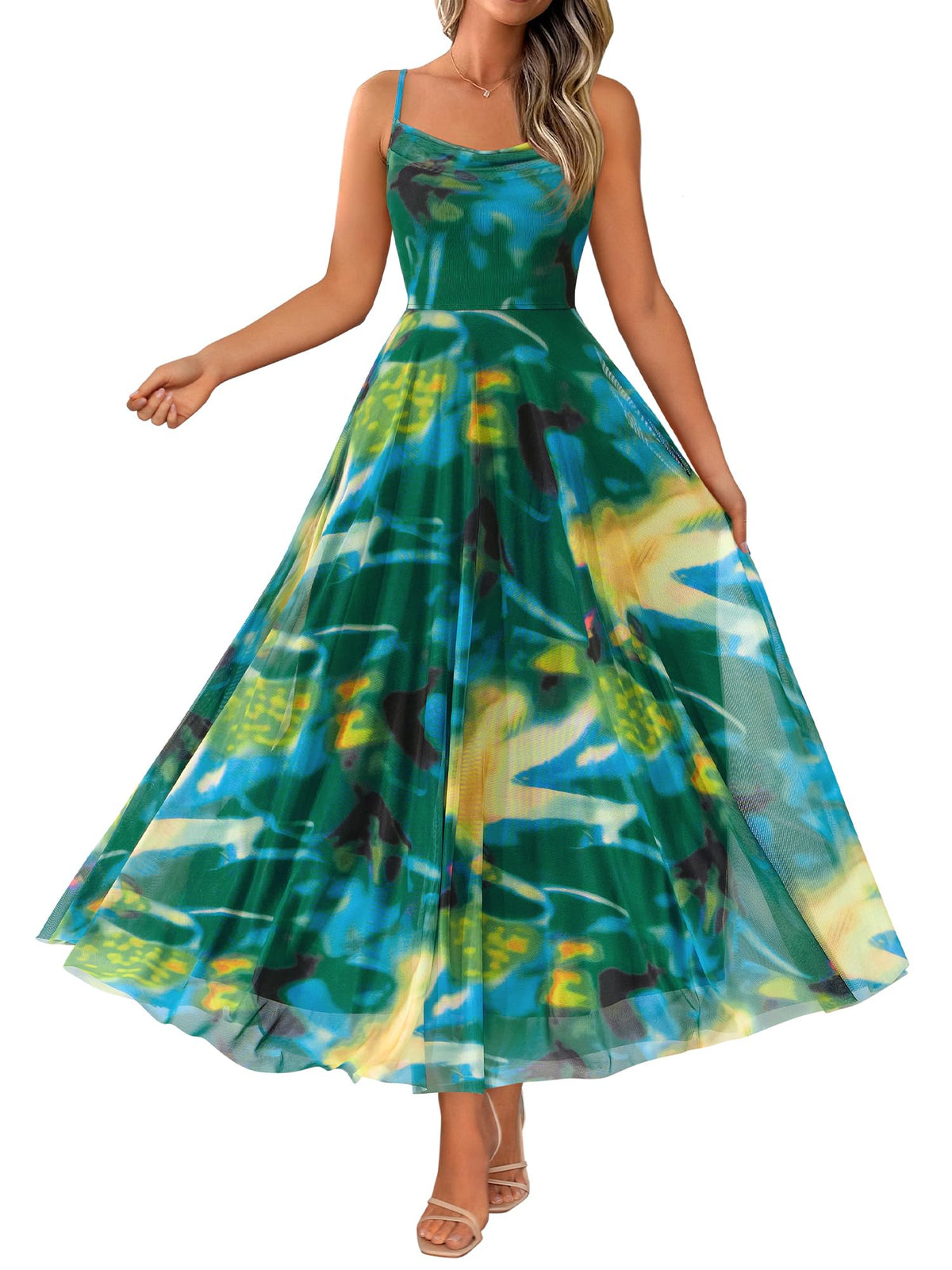 BTFBM Women Summer Maxi Dresses Elegant Wedding Guest Dress | Cowl Neck,Spaghetti Strap,Mesh,Floral,A-Line,Flowy,Party,Cocktail,Homecoming,Graduation,Sundress,Prom,Beach Long Dresses