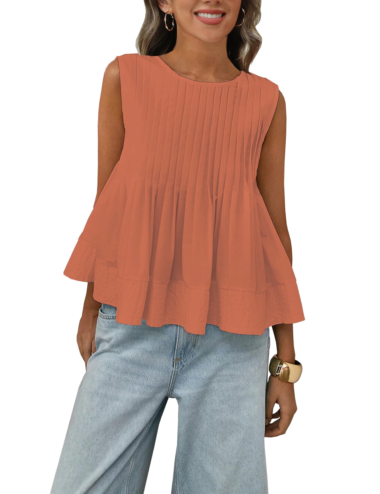 Megfie Womens Summer Pleated Peplum Sleeveless Blouse Tank Tops Round Neck Y2K Babydoll Blouse Shirt