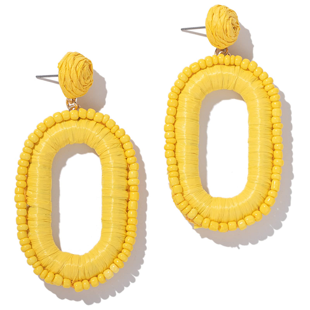 Boho Beaded Raffia Drop Earrings Statement Fun Square Dangle Summer Jewelry | Handmade Colorful Bead Chunky Accessories Big Geometric Dangling Vacation Tropical Bohemian Hawaiian Outfits for Women
