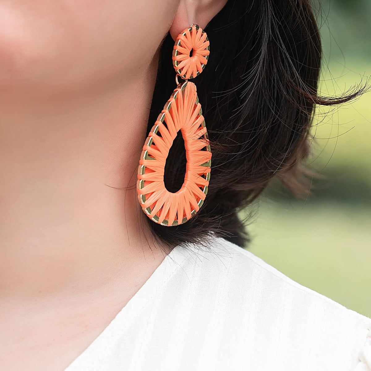 Boho Teardrop Raffia Dangle Earrings Statement Chunky Summer Beach Jewelry | Colorful Dangly Drop Handmade Bohemian Accessories Colorful Fun Vacation Spring Tropical Hawaiian Coastal Outfits for Women