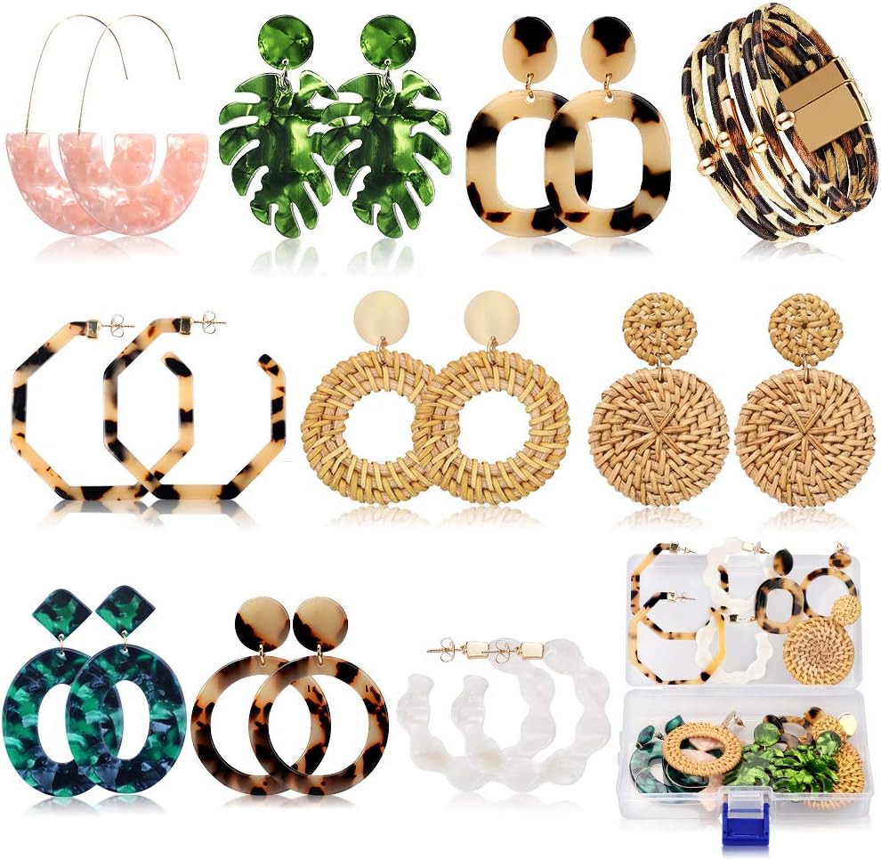 9 Pairs Drop Dangle Earrings boho Fashion Jewelry Rattan Acrylic Statement Boho Bohemian Earrings Set for Women
