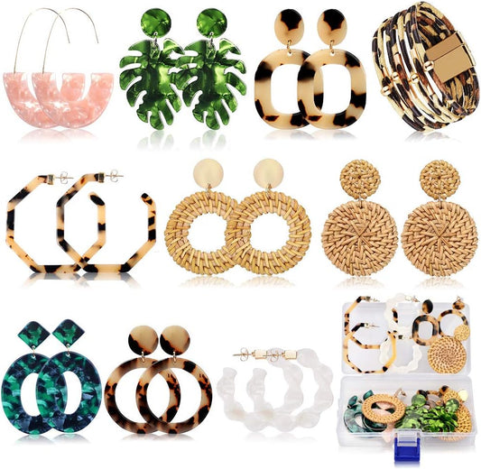 9 Pairs Drop Dangle Earrings boho Fashion Jewelry Rattan Acrylic Statement Boho Bohemian Earrings Set for Women