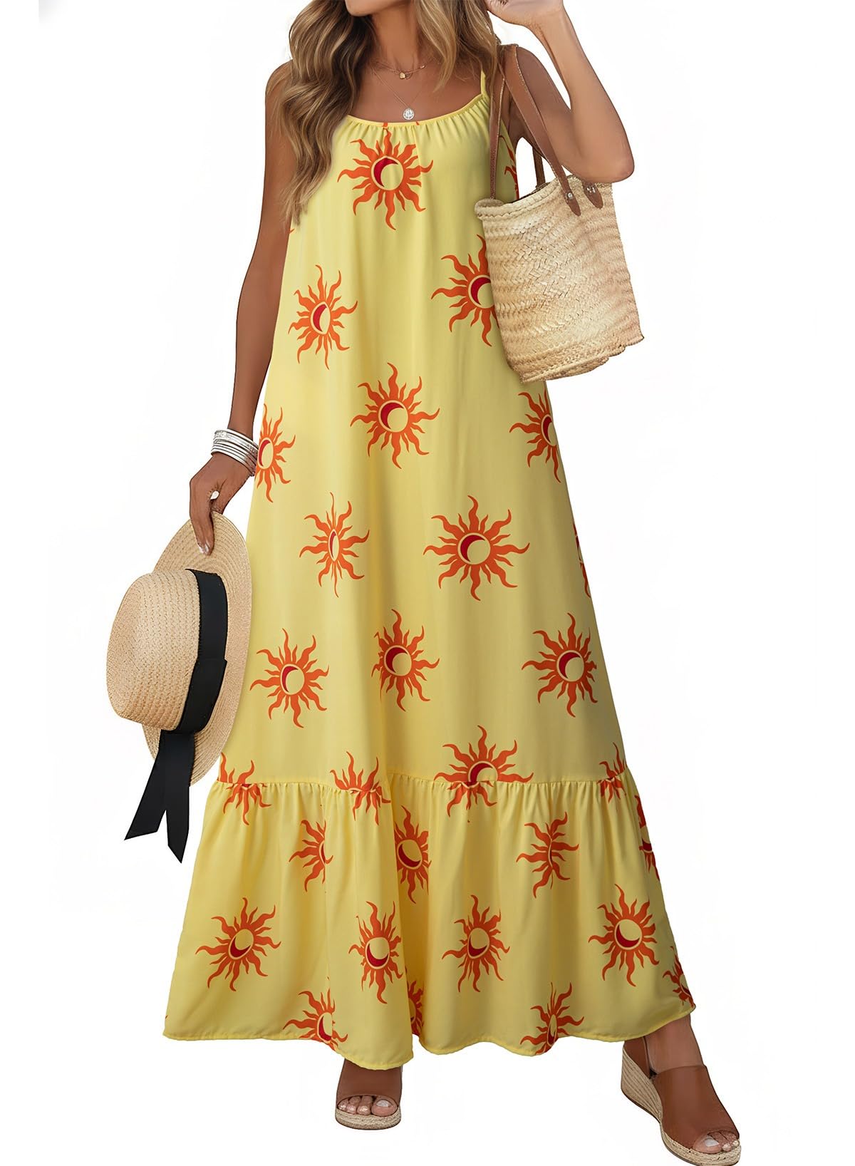 Dokotoo Women Summer Dresses Scoop Neck Ruffle Flowy Boho Maxi Dress | Spaghetti Strap Sundresses,Sleeveless,Beach Vacation Clothes,Ruffle A Line,Casual Boho Printed,Hawaiian Dresses,Wedding Guest