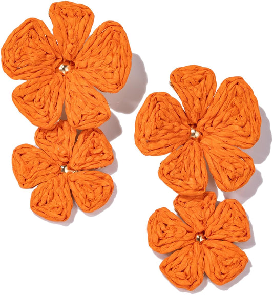 Boho Raffia Flower Drop Earrings Statement Summer Beach Vacation Jewelry | Colorful Floral Dangle Earrings Hypoallergenic Fun Unique Trendy Gold Beachy Tropical Resort Outfits for Women