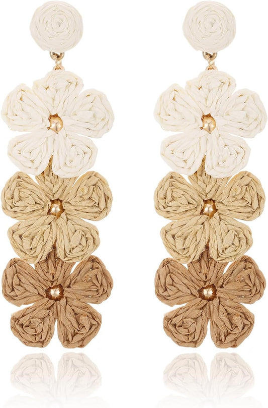 RUOFFETA Raffia Flower Earrings, Raffia Straw Wrapped Flower Drop Dangle Earrings Summer Tropical Beach Jewelry