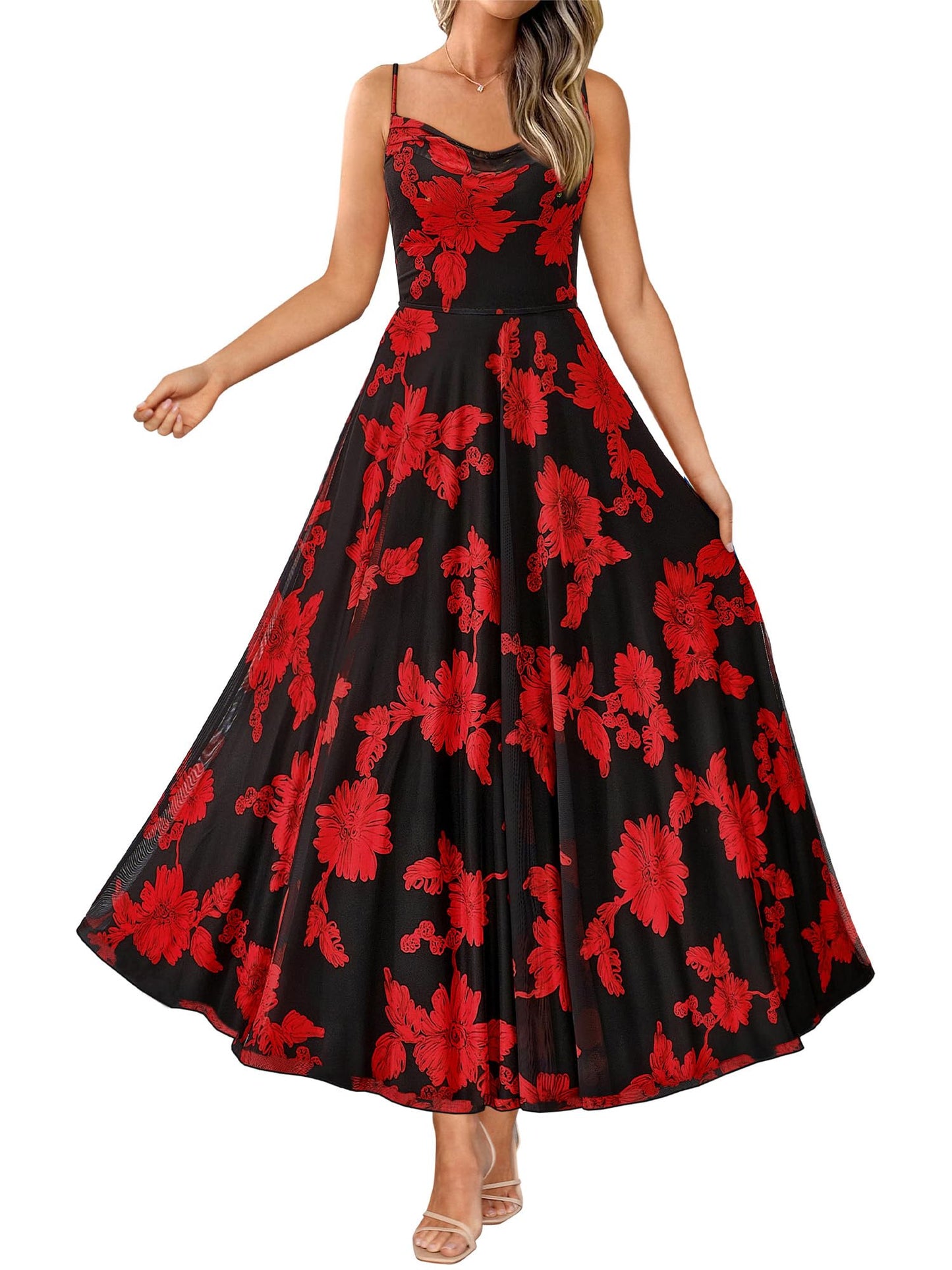 BTFBM Women Summer Maxi Dresses Elegant Wedding Guest Dress | Cowl Neck,Spaghetti Strap,Mesh,Floral,A-Line,Flowy,Party,Cocktail,Homecoming,Graduation,Sundress,Prom,Beach Long Dresses