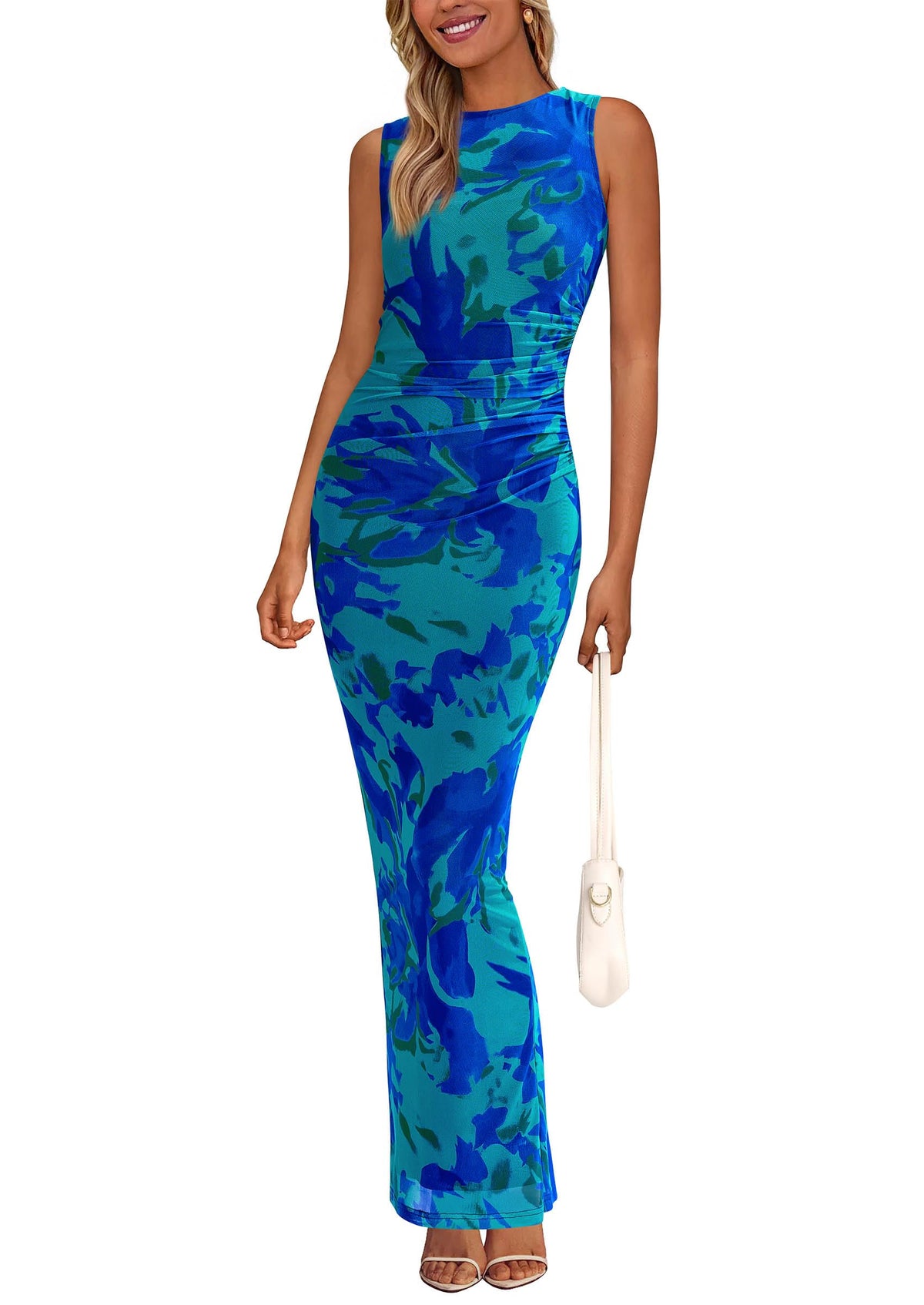 PRETTYGARDEN Women's Summer Formal Floral Maxi Dress | Sleeveless Ruched Bodycon Mesh Long Dresses, Elegant Spring Dress for Wedding Guest, Bridal Shower, Cocktail Party, Vacation
