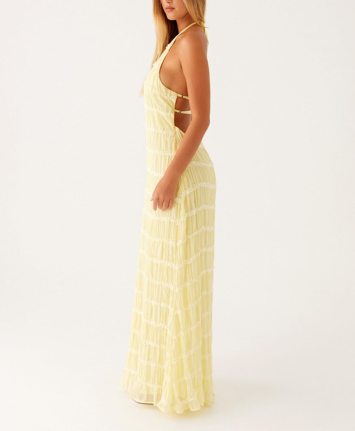 Women Halter Flowy Vacation Long Dress Sexy Sheer Ruched Backless Dress Y2k Sleeveless Beach Tiered Maxi Sundresses