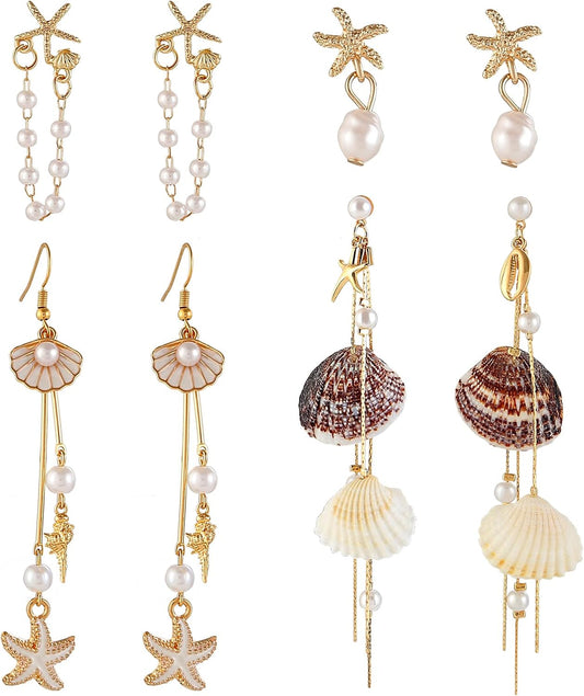 Boho Beach Earrings for Women Shell Seashell Starfish Ocean Dangle Earrings Set Summer Vacation Jewelry Tropical Beachy Accessories for Holiday