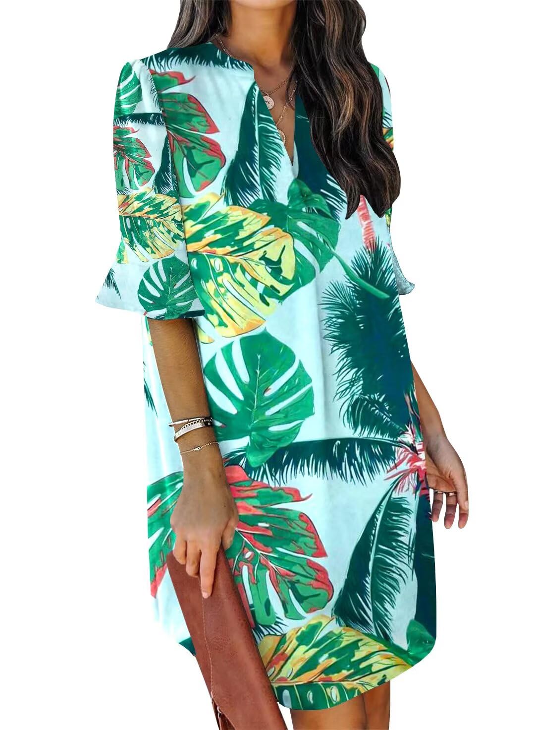 QACOHU Womens Summer Casual V Neck Shift Mini Dress | Flowy Swing Basic Dress, Ruffle Short Sleeve, Floral Boho Style, Wedding Guest Daily Work Clothes, Beach Vacation Outfits