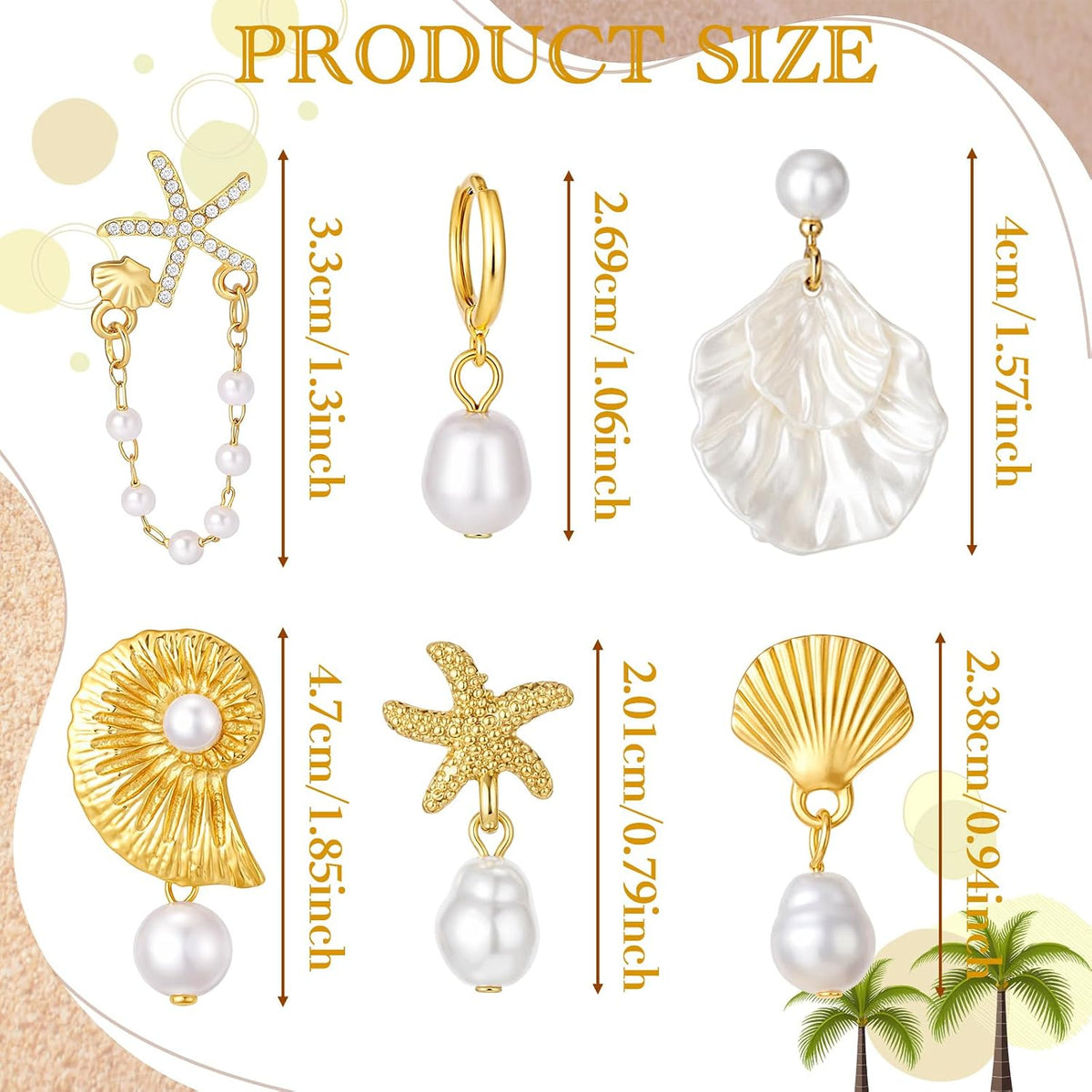 Tondiamo 6 Pairs Gold Earrings Beach Outfits for Women Starfish Earrings Seashell Pearl Jewelry Summer Fashion Accessory Shell Drop Hoop Tropical Beachy Gift for Cruise Travel Ocean Tropical Vacation