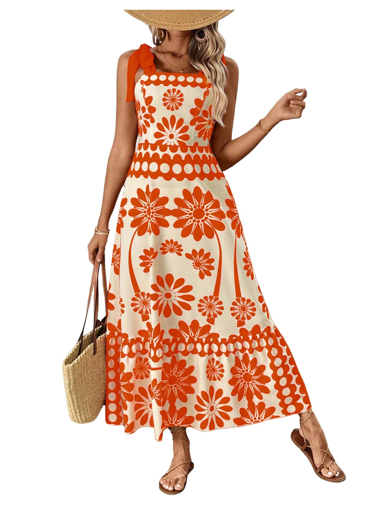 Floerns Women's Vintage Sleeveless Tie Shoulder Sundress Floral Print Cami Maxi Dress