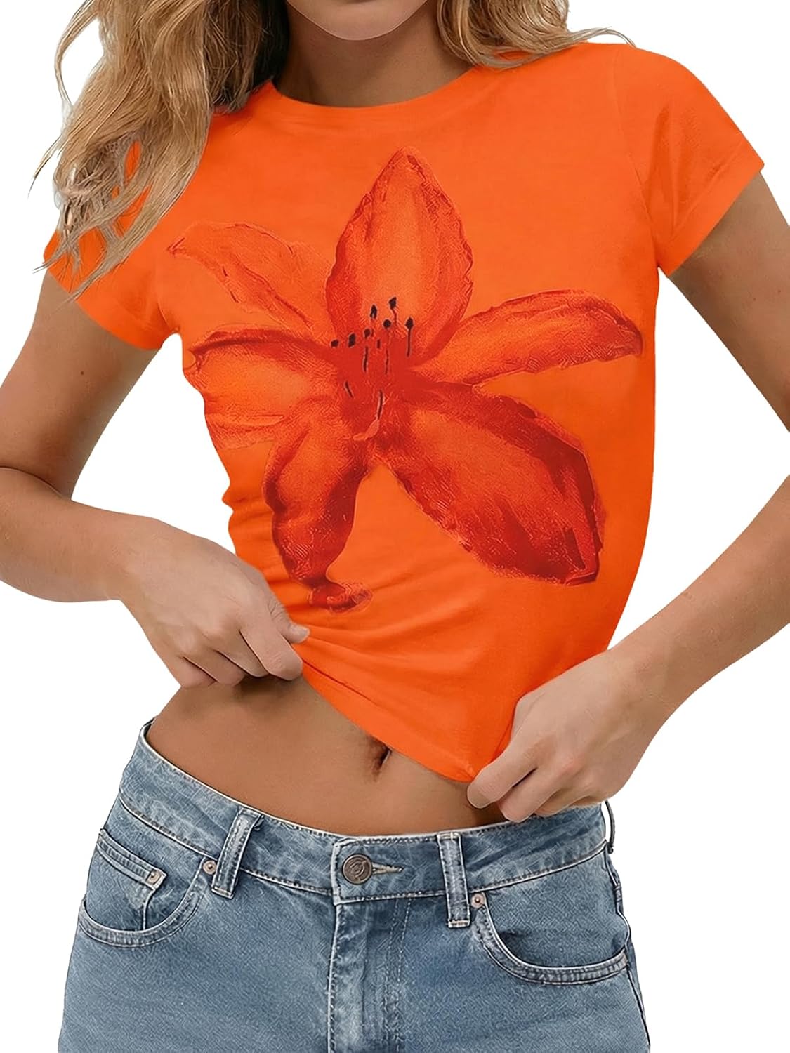 Tankaneo Womens Baby Tee Y2K Tops Summer Short Sleeve Graphic T Shirts | Floral Print, Crop Tops, Cotton, Short Sleeve, Slim Fit, Basic Tees