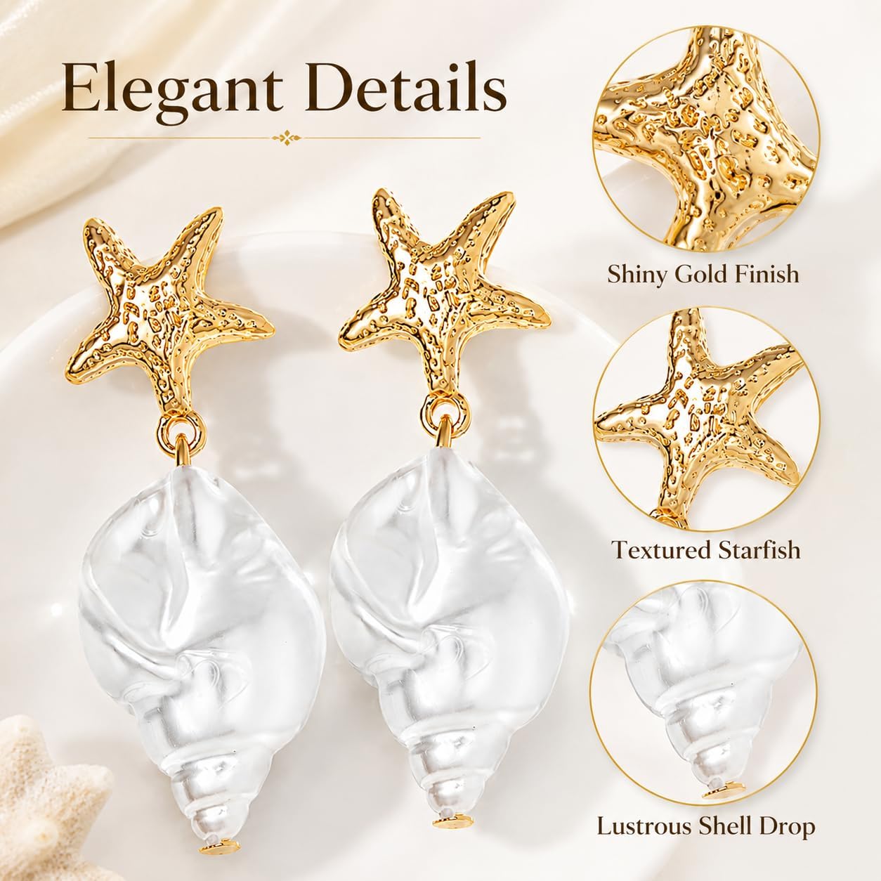 Starfish Earrings for Women Vacation Earrings Gold Pearl Sea Shell Dangle Beach Summer Ocean Jewelry Gifts Coastal Style