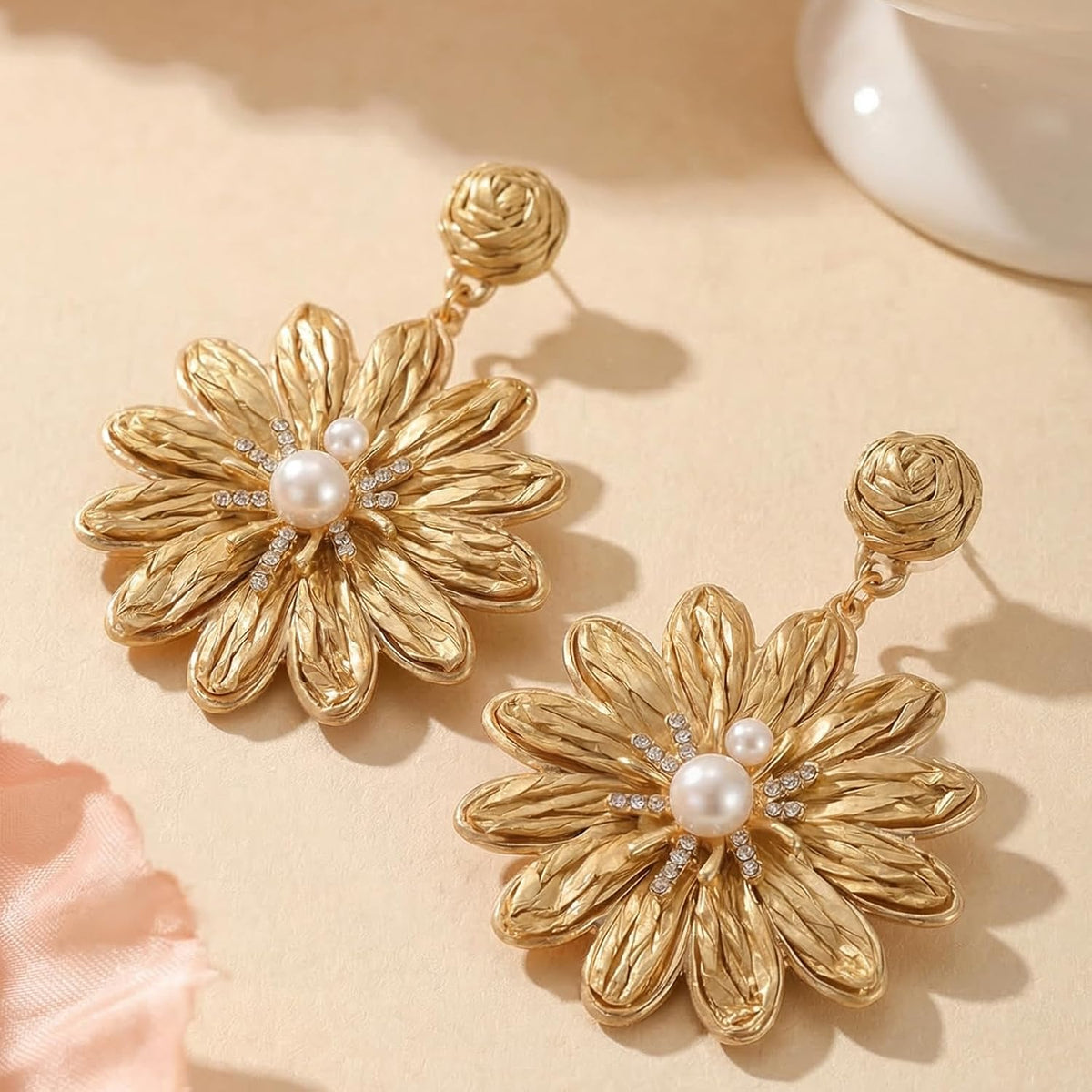 Boho Flower Earrings for Women, Statement Dangle Earrings with Faux Pearl and Rhinestone Accents, Summer Beach Vacation Jewelry Accessories for Party