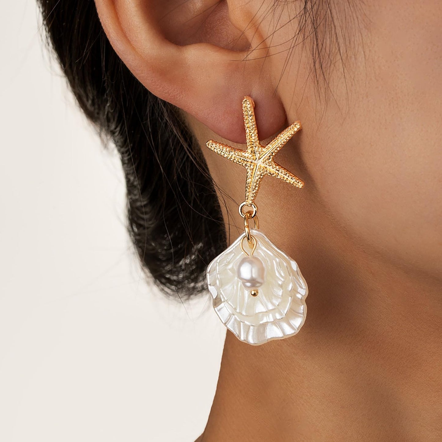 Gold Starfish Shell Earrings for Women 14K Gold Plated Pearl Shell Dangle Earrings Summer Accessories Vacation Outfits Beach Jewelry for Women
