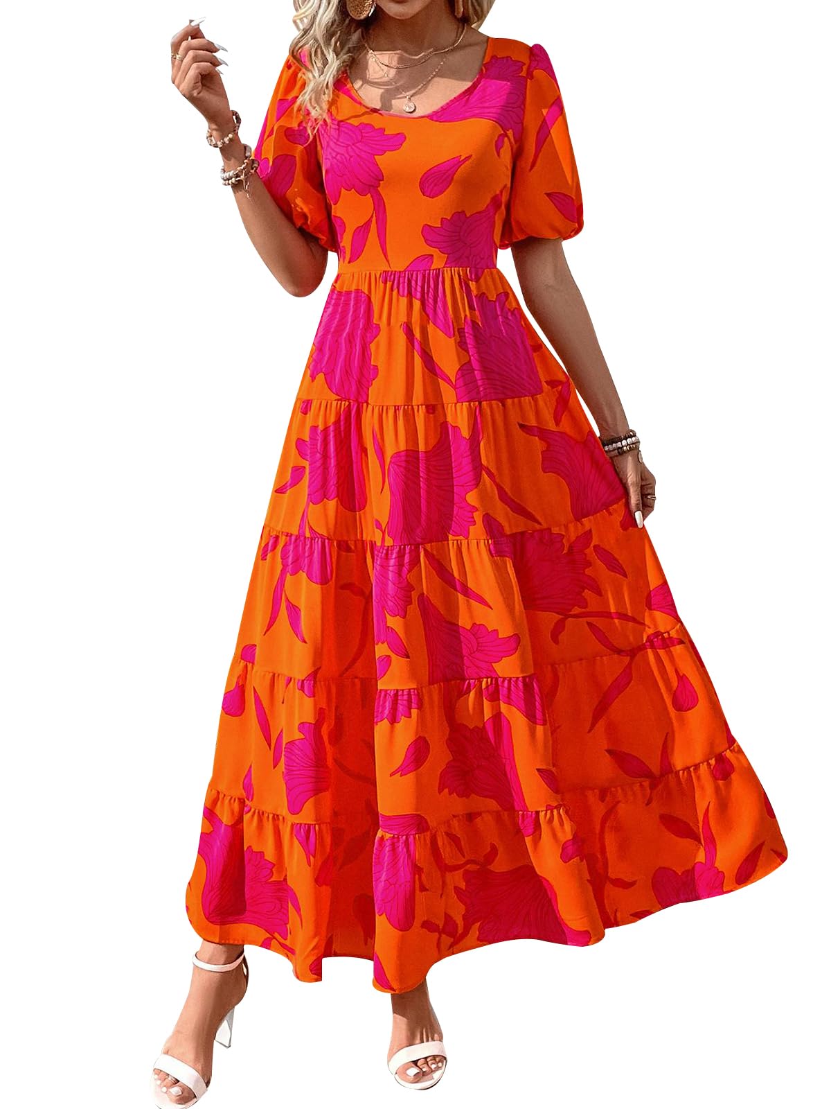 PRETTYGARDEN Puff Short Sleeve Cewneck Floral Long Fall Dresses for Women 2025 Flowy Tiered Hem Maxi Wedding Guest Dress