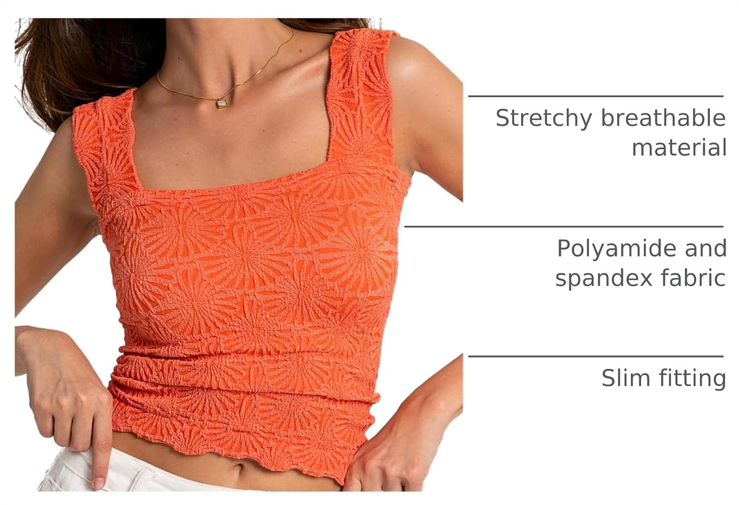 Women's Square Neck Wide Strap Crop Tank Tops Flower Going Out Tops Slim Fit Lettuce Trim Crop Cami Tops
