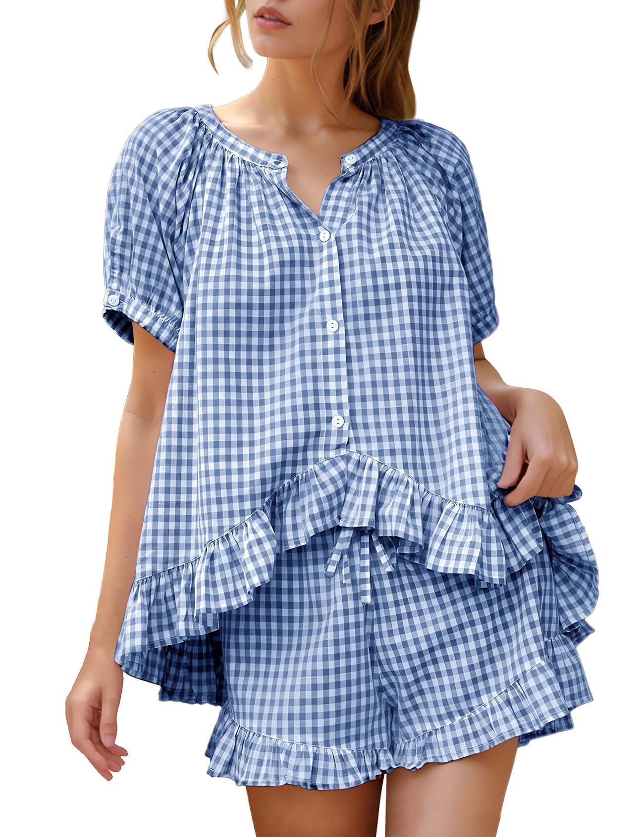 Flygo Cotton Pajamas for Women Gingham Set Lounge Sets | 100% Cotton, Plaid, Babydoll Top, Relaxed Fit, Puff Sleeve, Shorts, Pockets, Summer, Sleepwear, Vacation, Wedding, Parties