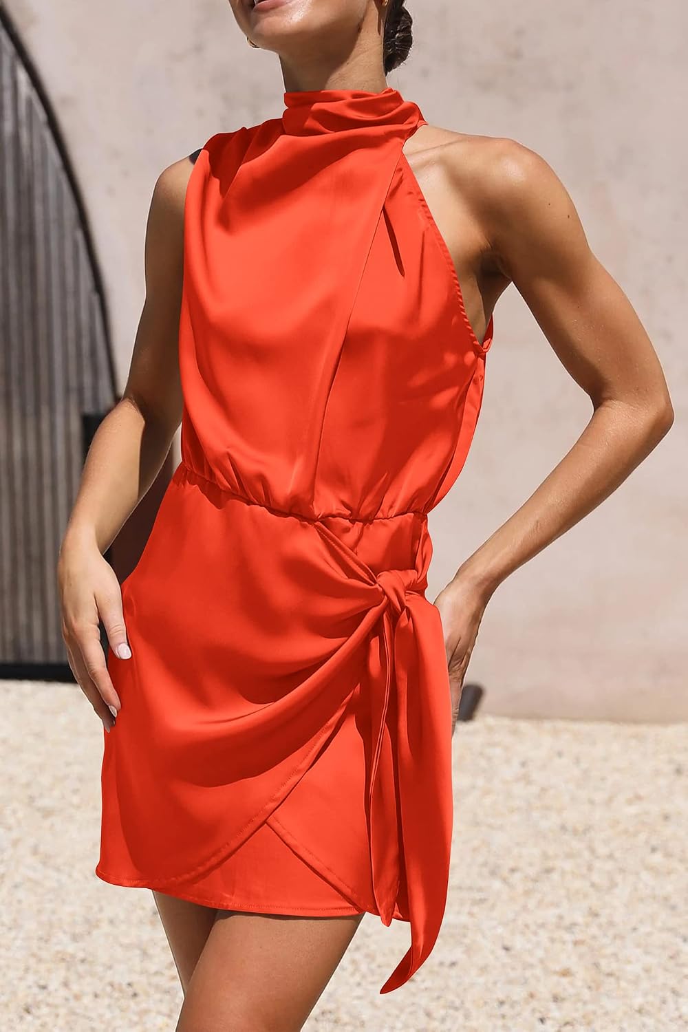 PRETTYGARDEN Women's Formal Short Satin Cocktail Dress | Sleeveless Mock Neck, Tie Waist, Asymmetrical Ruched, Elegant Silk, Birthday Party, Wedding Guest Evening, Summer Outfits