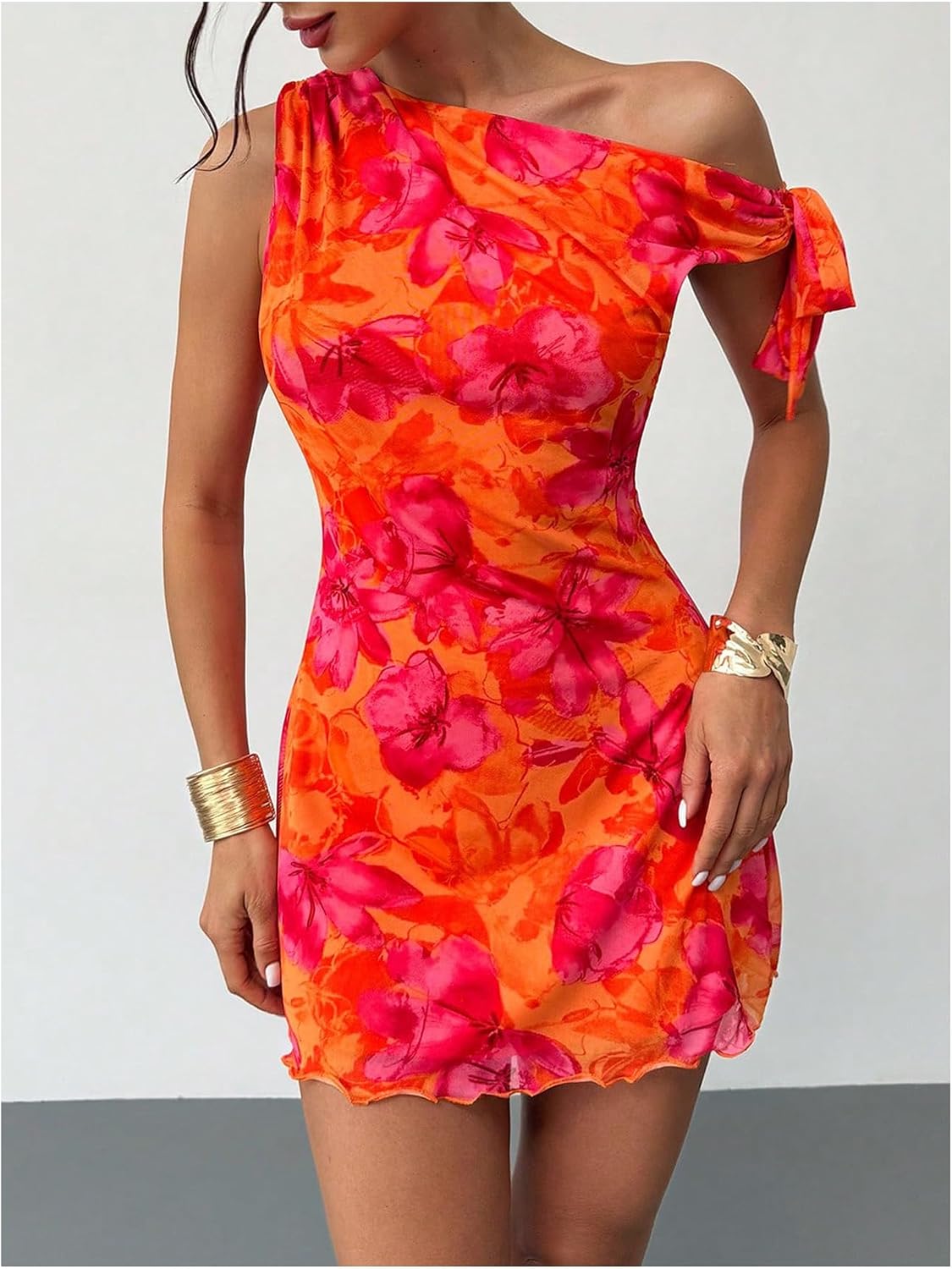 GORGLITTER Women's One Shoulder Wedding Guest Cocktail Mini Dresses | Orange Vacation Beach Sunset Dress, Floral Short Dress, Brunch Outfits, Asymmetrical Dresses