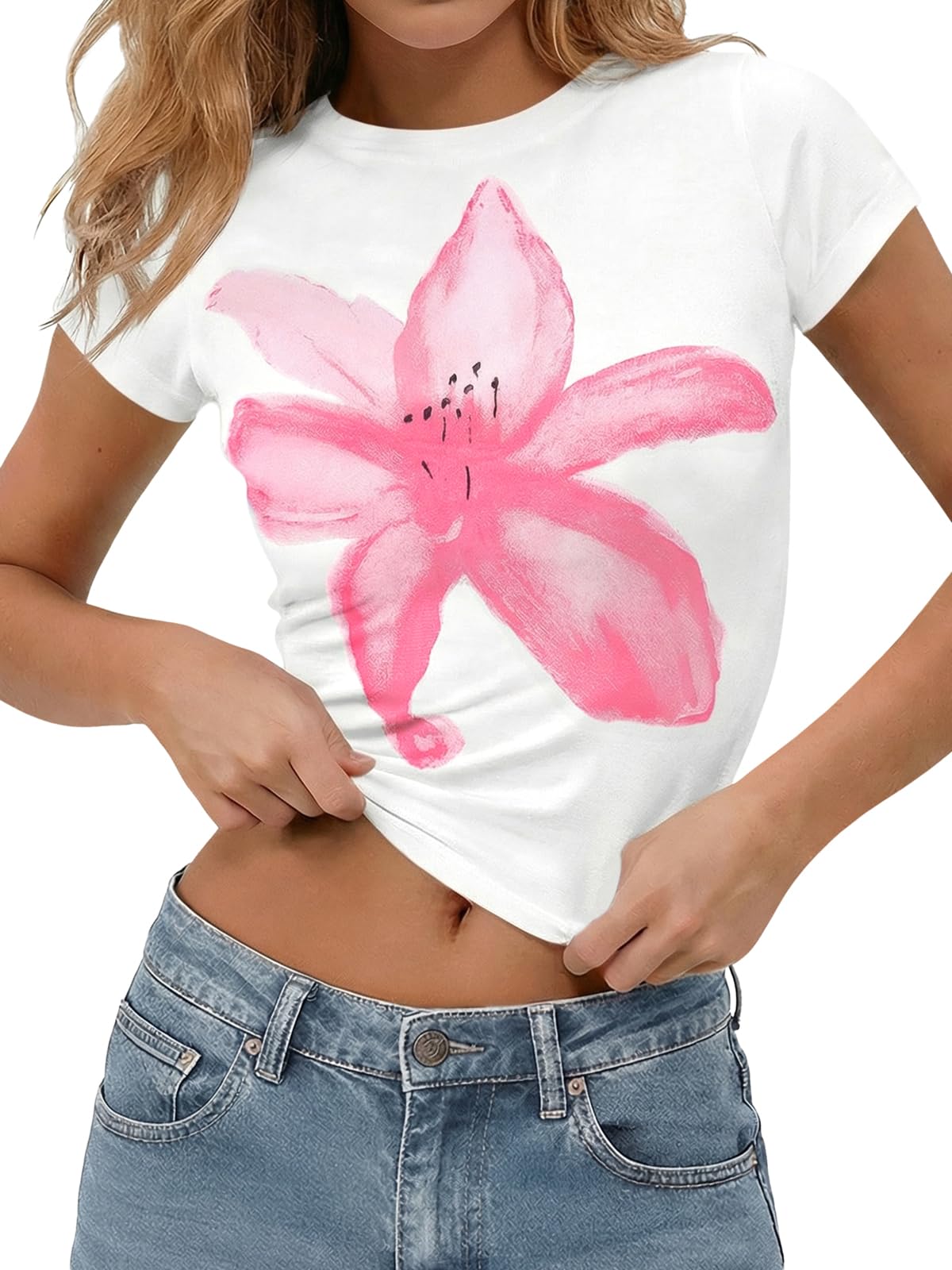 Tankaneo Womens Baby Tee Y2K Tops Summer Short Sleeve Graphic T Shirts | Floral Print, Crop Tops, Cotton, Short Sleeve, Slim Fit, Basic Tees