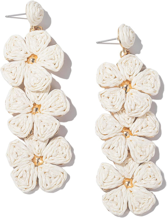 Boho Raffia Flower Drop Earrings Statement Summer Beach Vacation Jewelry | Colorful Floral Dangle Earrings Hypoallergenic Fun Unique Trendy Gold Beachy Tropical Resort Outfits for Women