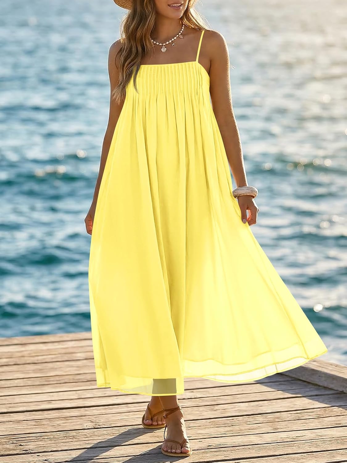 Wenrine Women's Summer Boho Maxi Dresses Spaghetti Straps Chiffon Sundress | Beach Vacation, Flowy, Linen, Casual, Loose, Pleated, Sleeveless, Midi Long Dress with Pockets