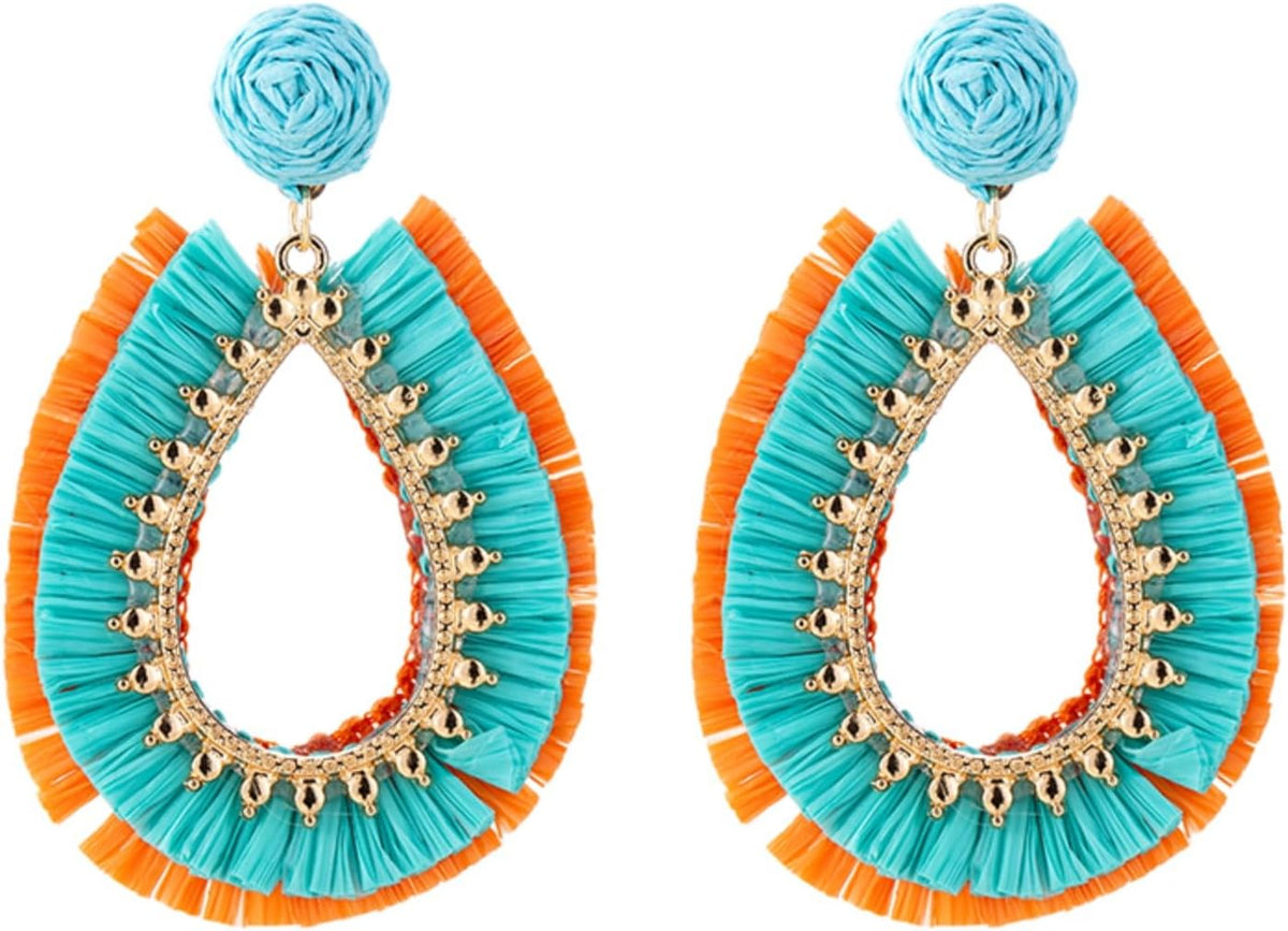 Handmade Raffia Rattan Boho Teardrop Dangle Earrings for Women Colorful Straw Wrap Summer Earrings for Summer Beach Vacation Accessories