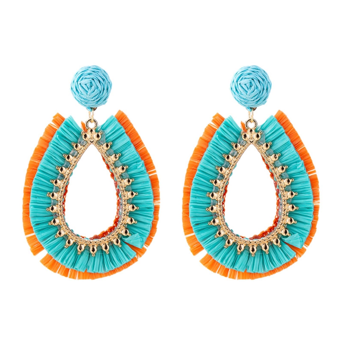 Handmade Raffia Rattan Boho Teardrop Dangle Earrings for Women Colorful Straw Wrap Summer Earrings for Summer Beach Vacation Accessories