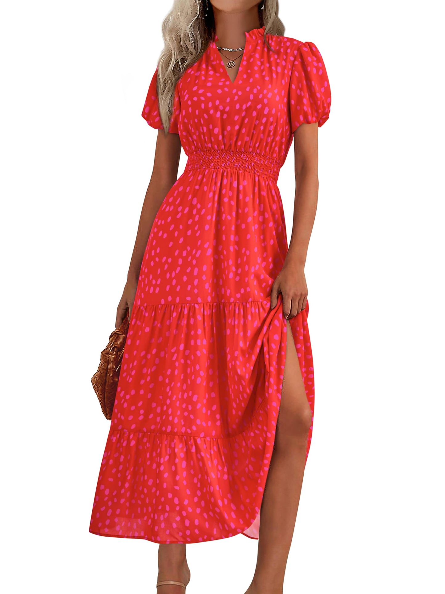 MASCOMODA Summer Maxi Dresses for Women 2026 Short Sleeve Long Floral Dress | Puff Sleeve, Casual V Neck, Smocked Waist, Tiered Ruffle Hem, A line Boho Dresses, Elegant Beach Flowy Long Dress Spring