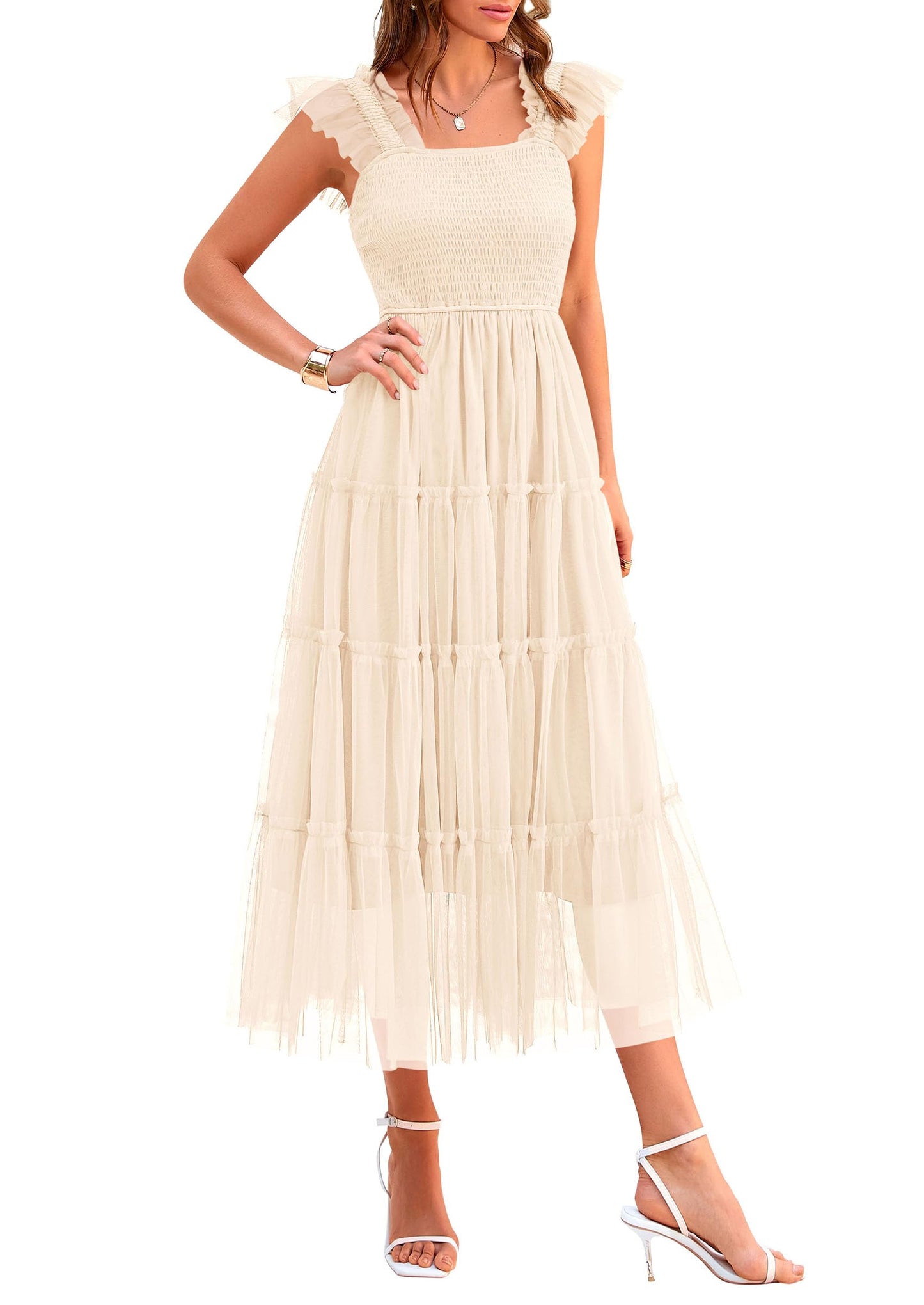PRETTYGARDEN Women's Summer Smocked Midi Tulle Dress | Sleeveless Square Neck A Line, Flowy Tiered Mesh, Spring Semi Formal Wedding Guest Outfits, Homecoming Prom Party Dresses