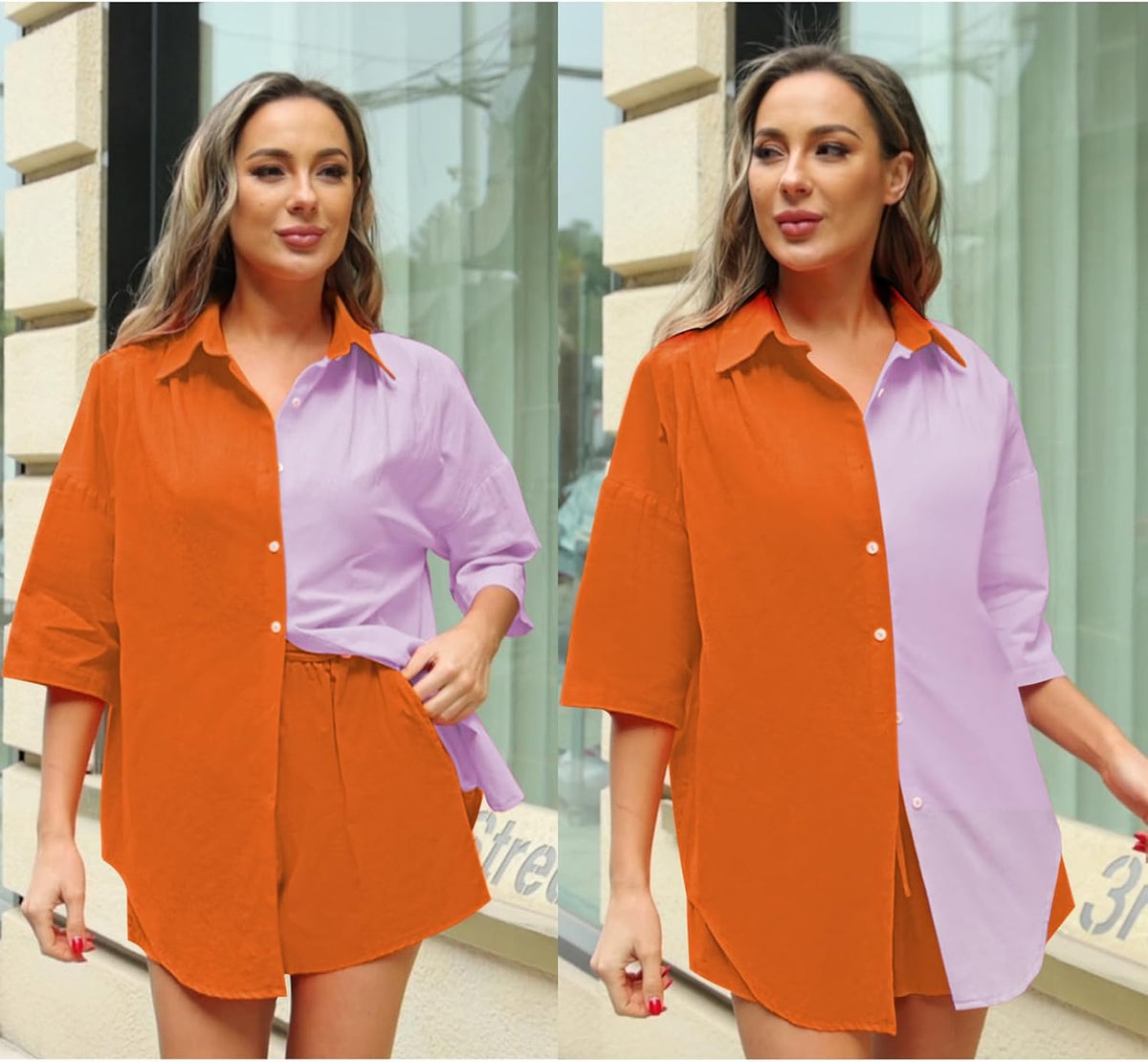 Fixmatti Women 2 Piece Outfits Long Sleeve Button Down Blouse and Shorts Sweatsuit Sets