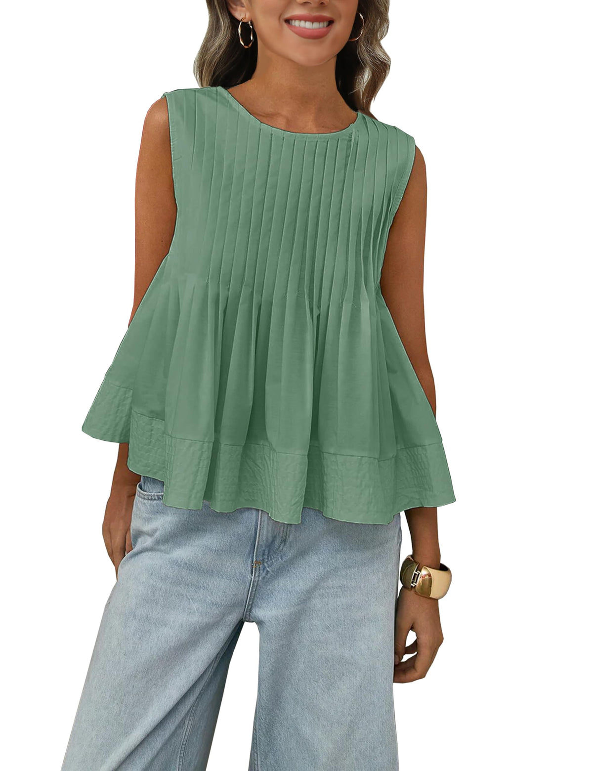 Megfie Womens Summer Pleated Peplum Sleeveless Blouse Tank Tops Round Neck Y2K Babydoll Blouse Shirt